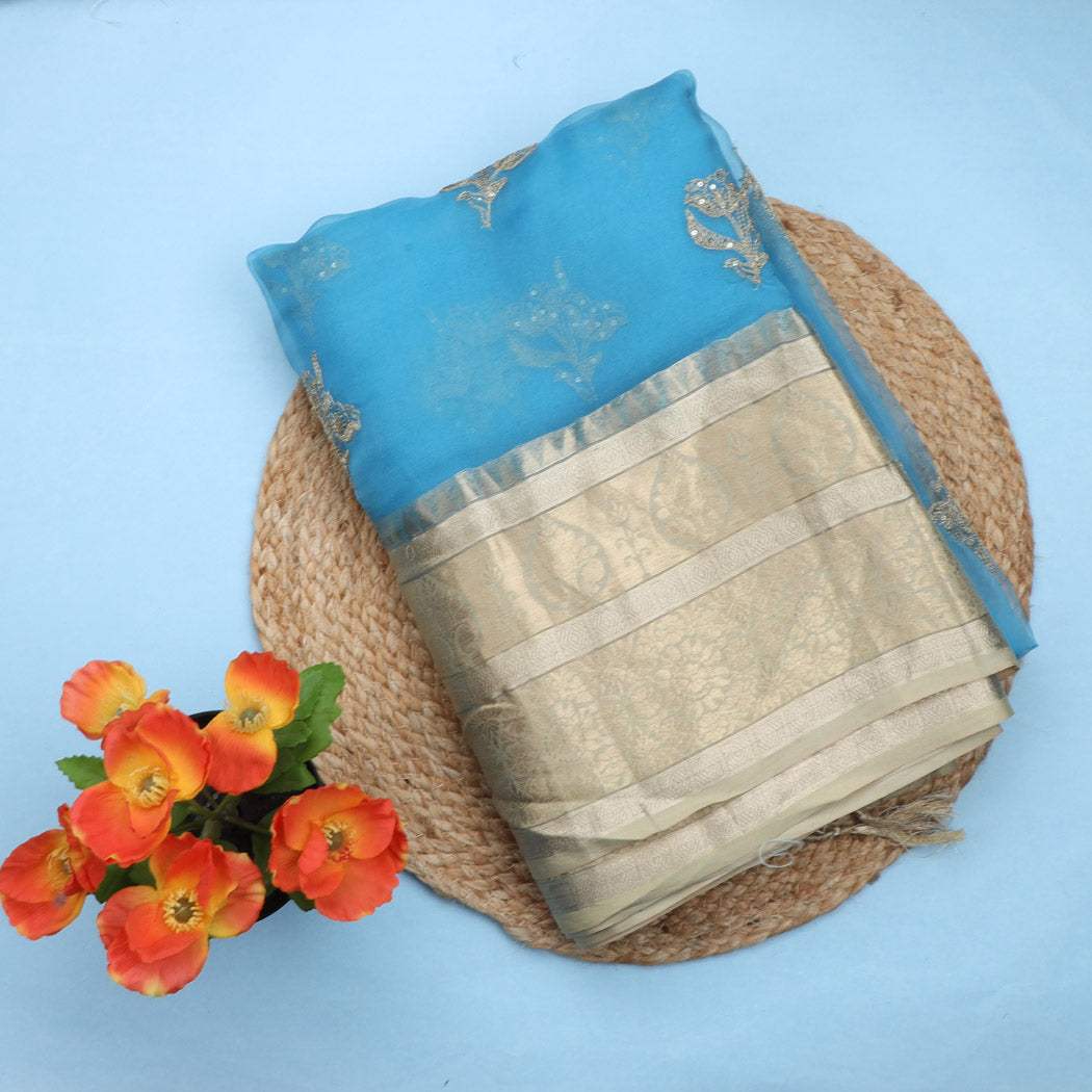 Turquoise Blue Organza Saree With Sequins Floral Embroidered Buttas - Singhania's