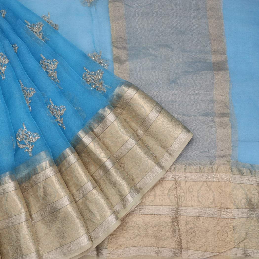 Turquoise Blue Organza Saree With Sequins Floral Embroidered Buttas - Singhania's