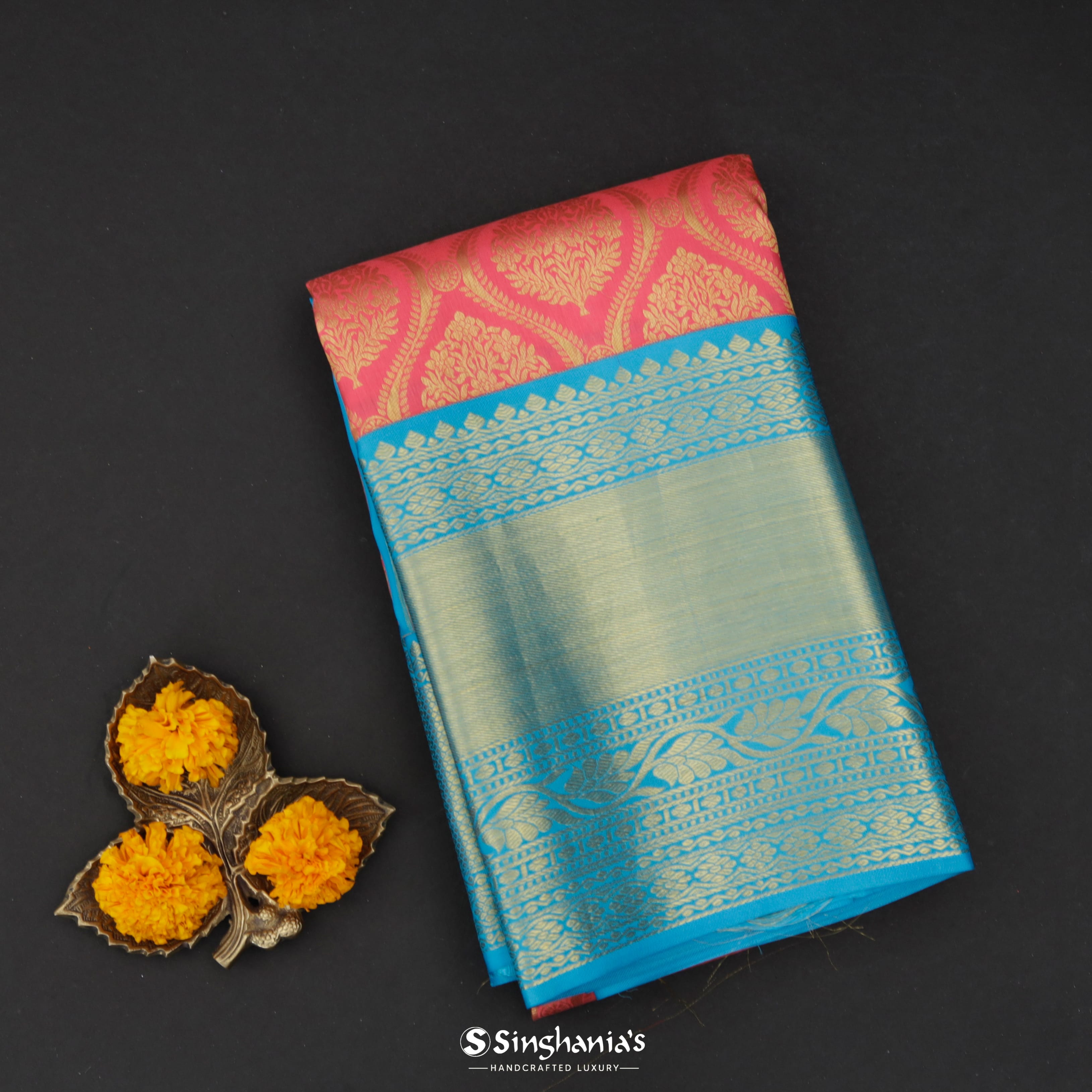 Blush Pink Silk Kanjivaram Saree With Floral Jaal Design