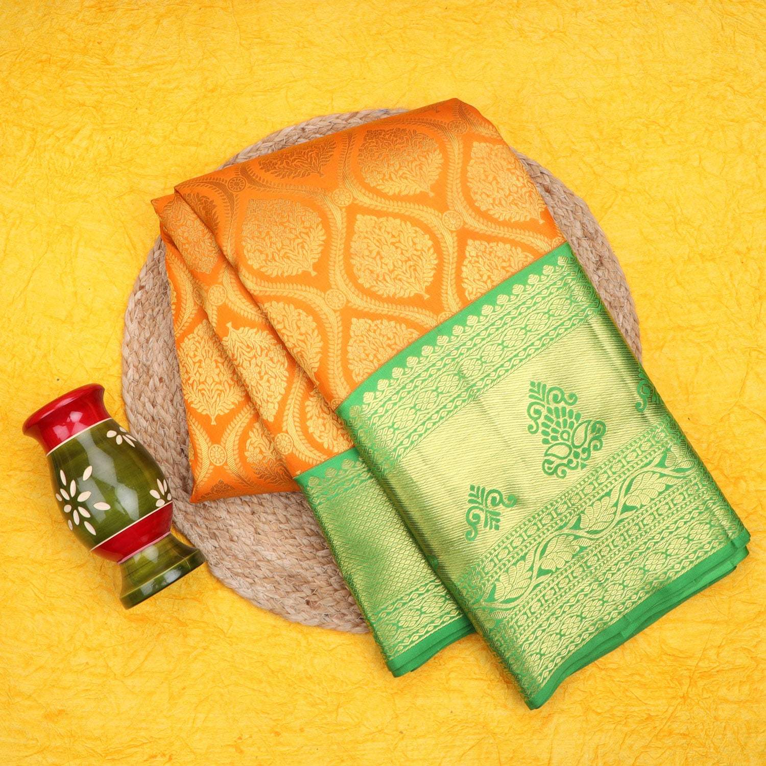Orange Kanjivaram Silk Saree With Floral Motif Pattern - Singhania's