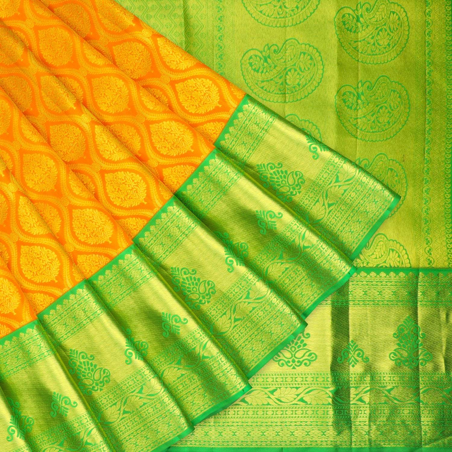 Orange Kanjivaram Silk Saree With Floral Motif Pattern - Singhania's