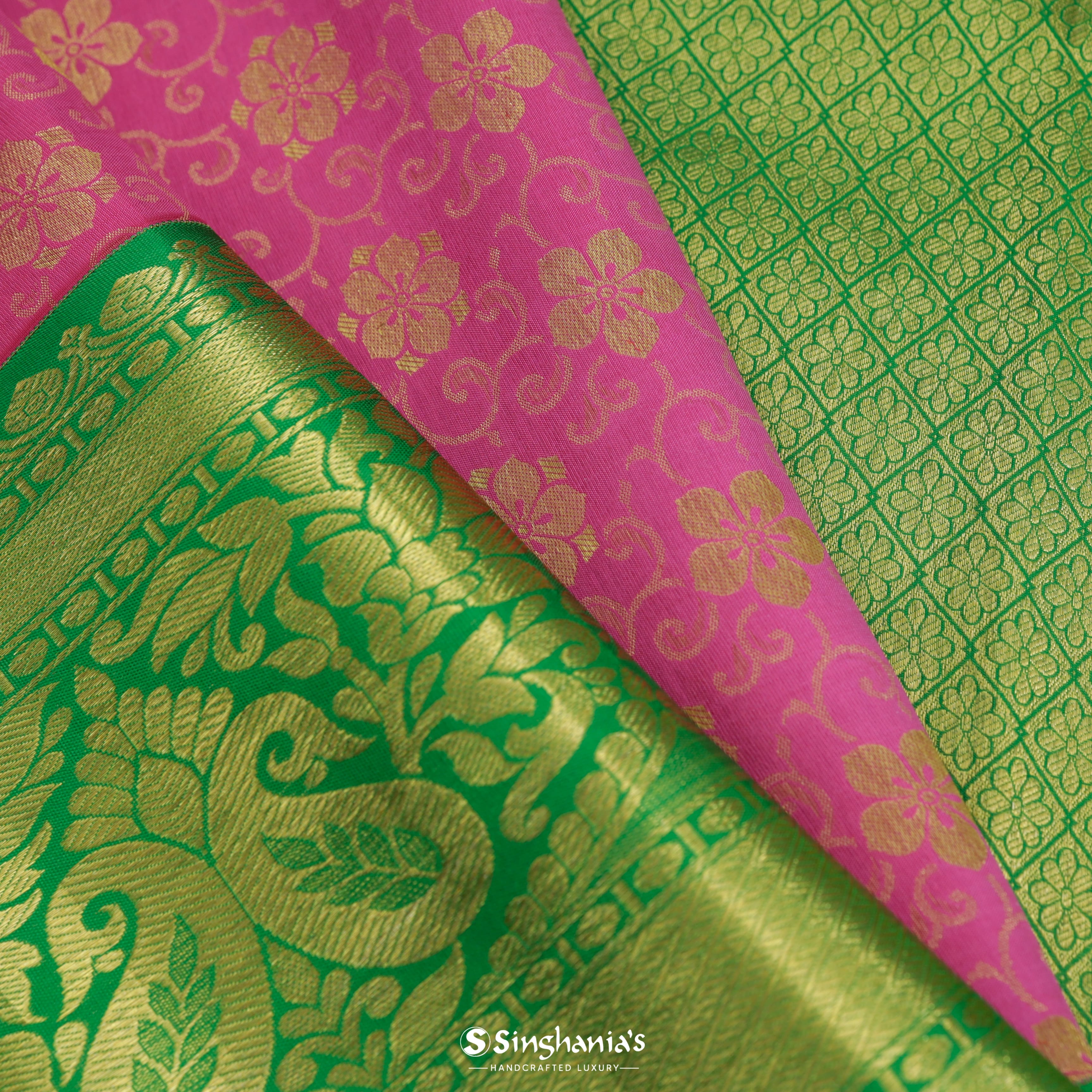 Neon Pink Silk Kanjivaram Saree With Floral Jaal Design