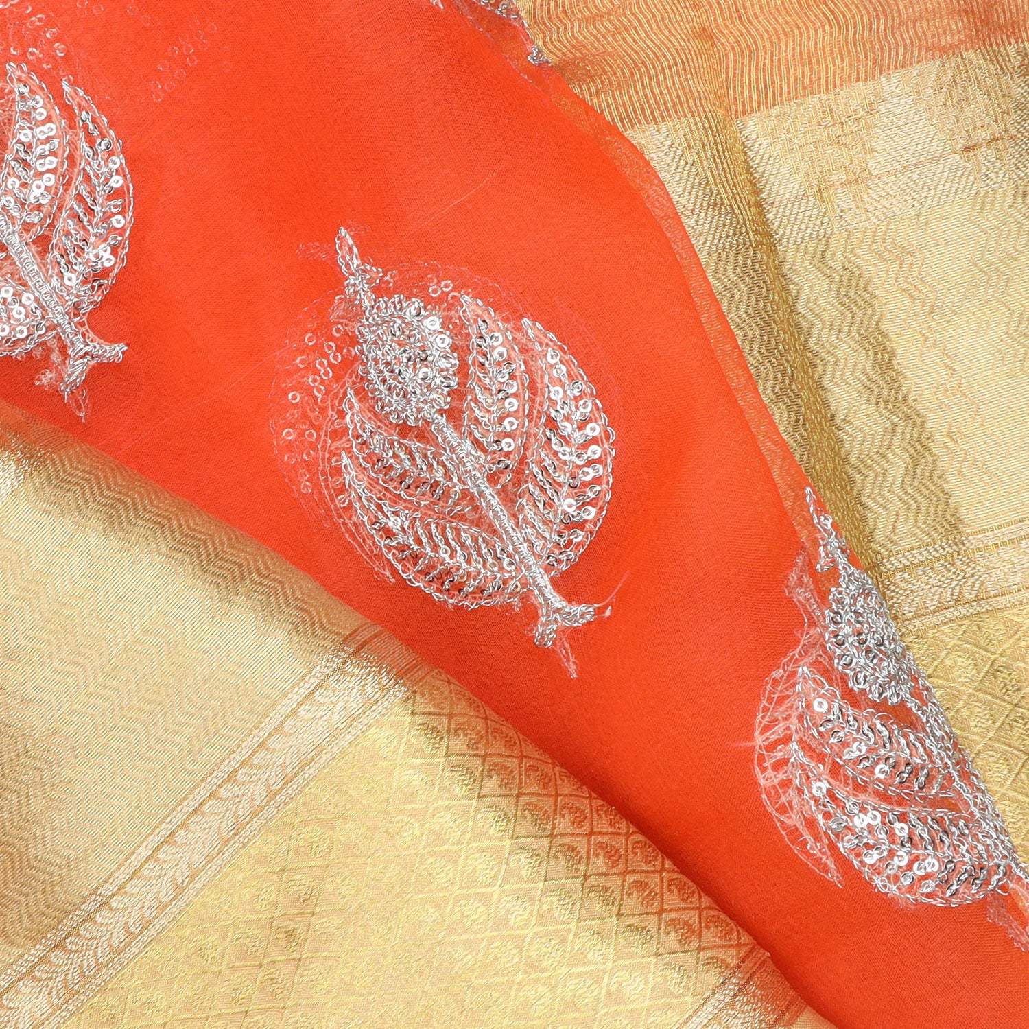 Orange Organza Saree With Embroidery Motifs - Singhania's