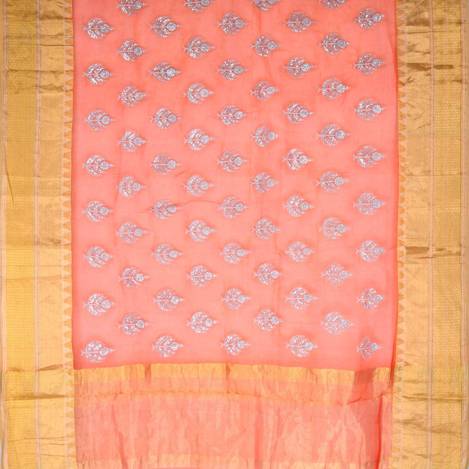 Orange Organza Saree With Embroidery Motifs - Singhania's