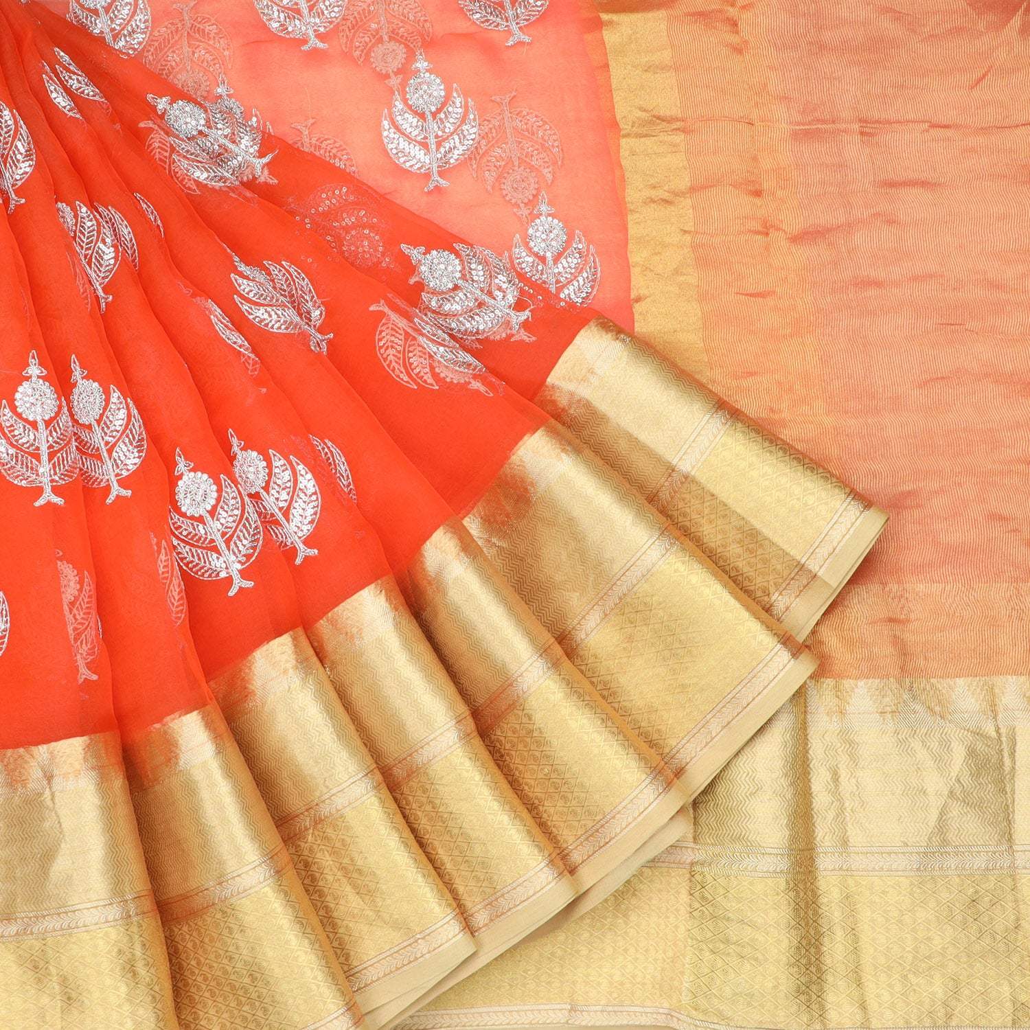 Orange Organza Saree With Embroidery Motifs - Singhania's