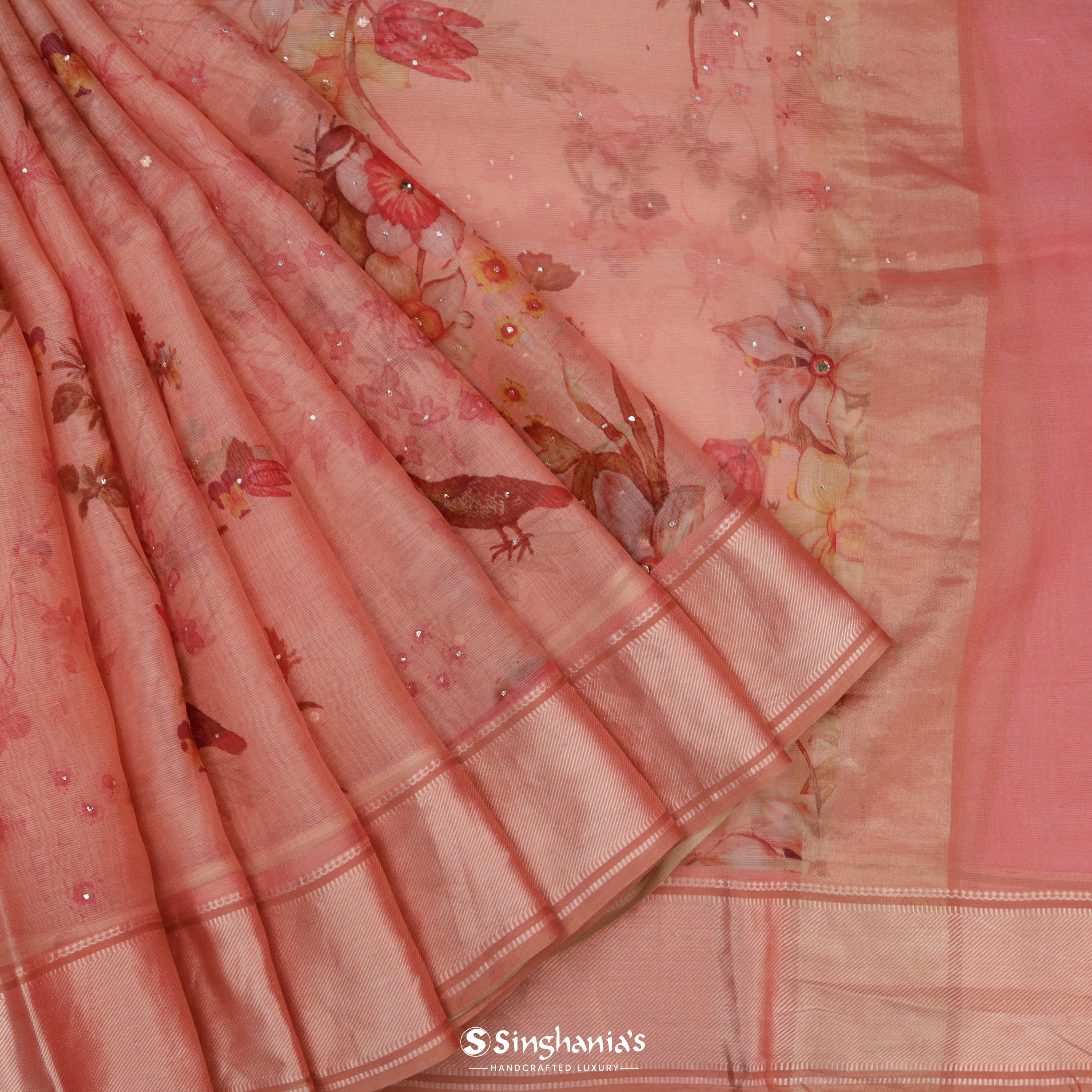 Tulip Pink Maheshwari Printed Saree With Floral Motif Pattern