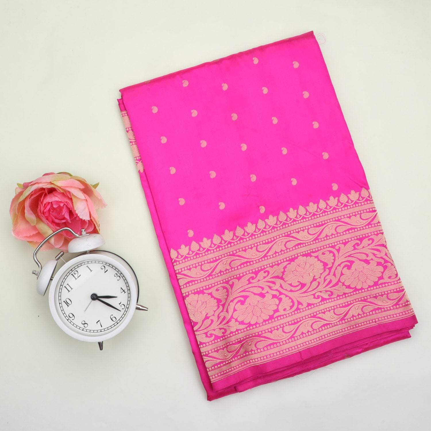 Bright Pink Banarasi Silk Saree With Floral Buttis - Singhania's