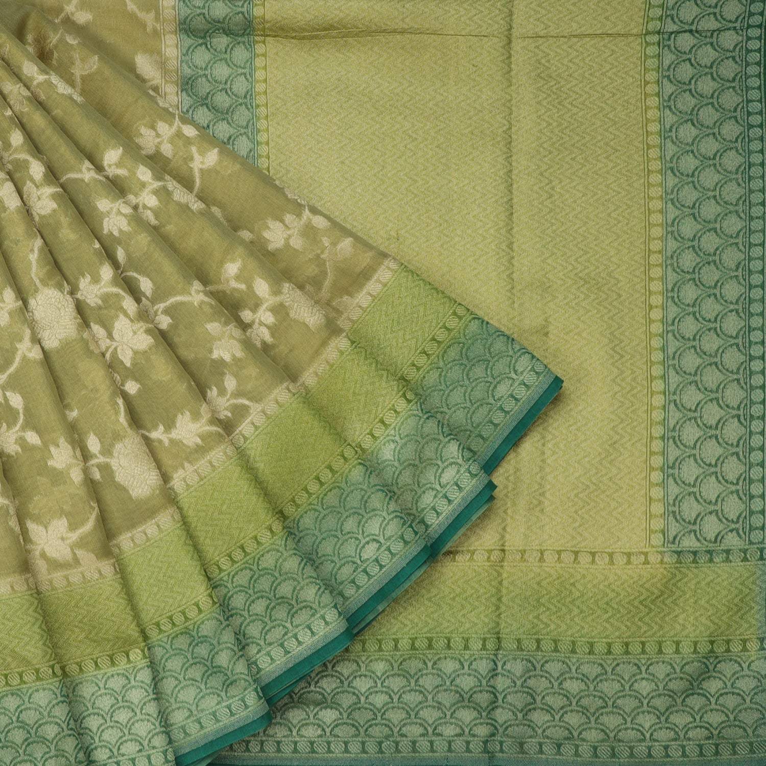 Earthy Green Tissue Banarasi Silk Saree With Floral Jaal Design - Singhania's