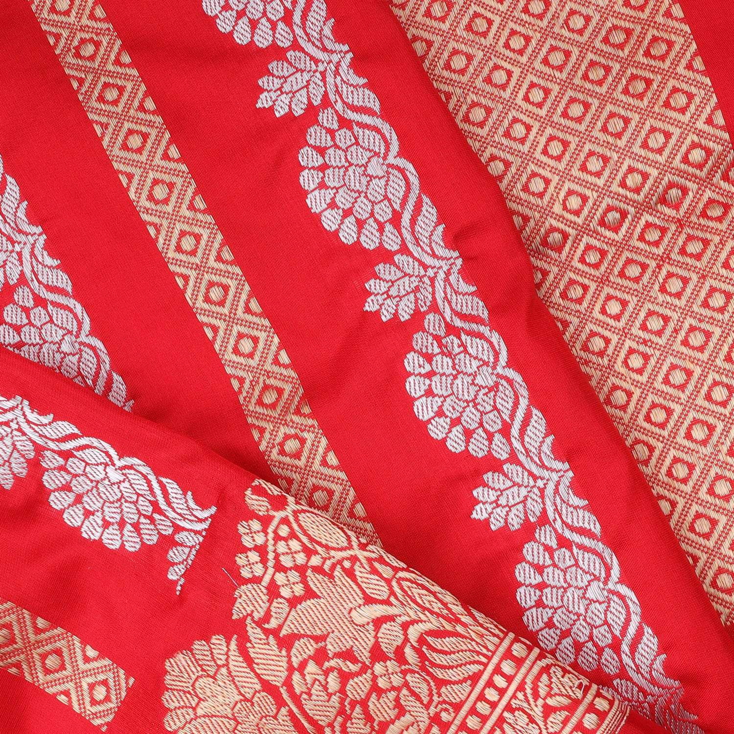 Vibrant Red Banarasi Silk Saree With Floral Stripes Pattern - Singhania's
