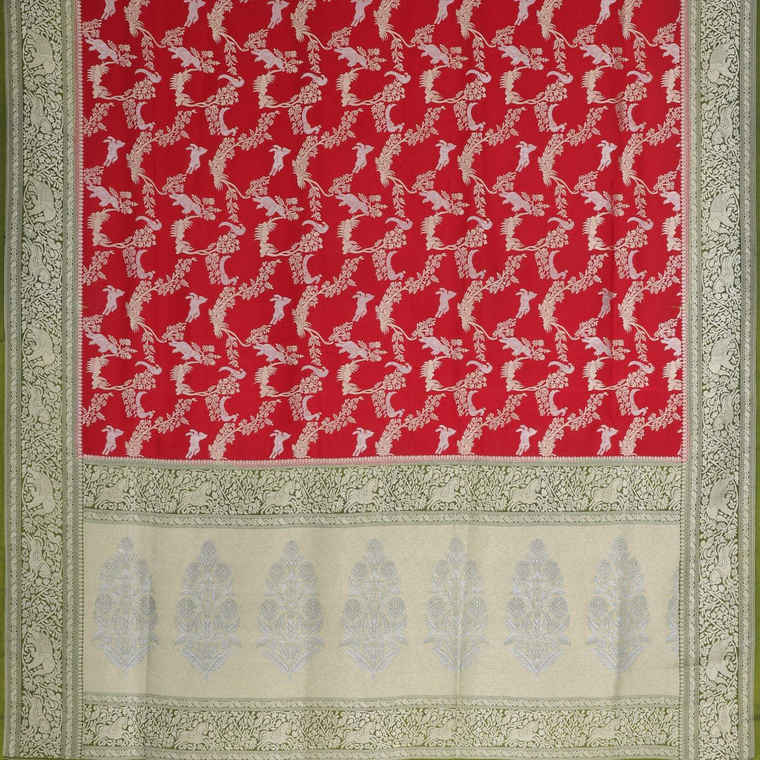 Deep Red Banarasi Silk Saree With Floral Pattern - Singhania's