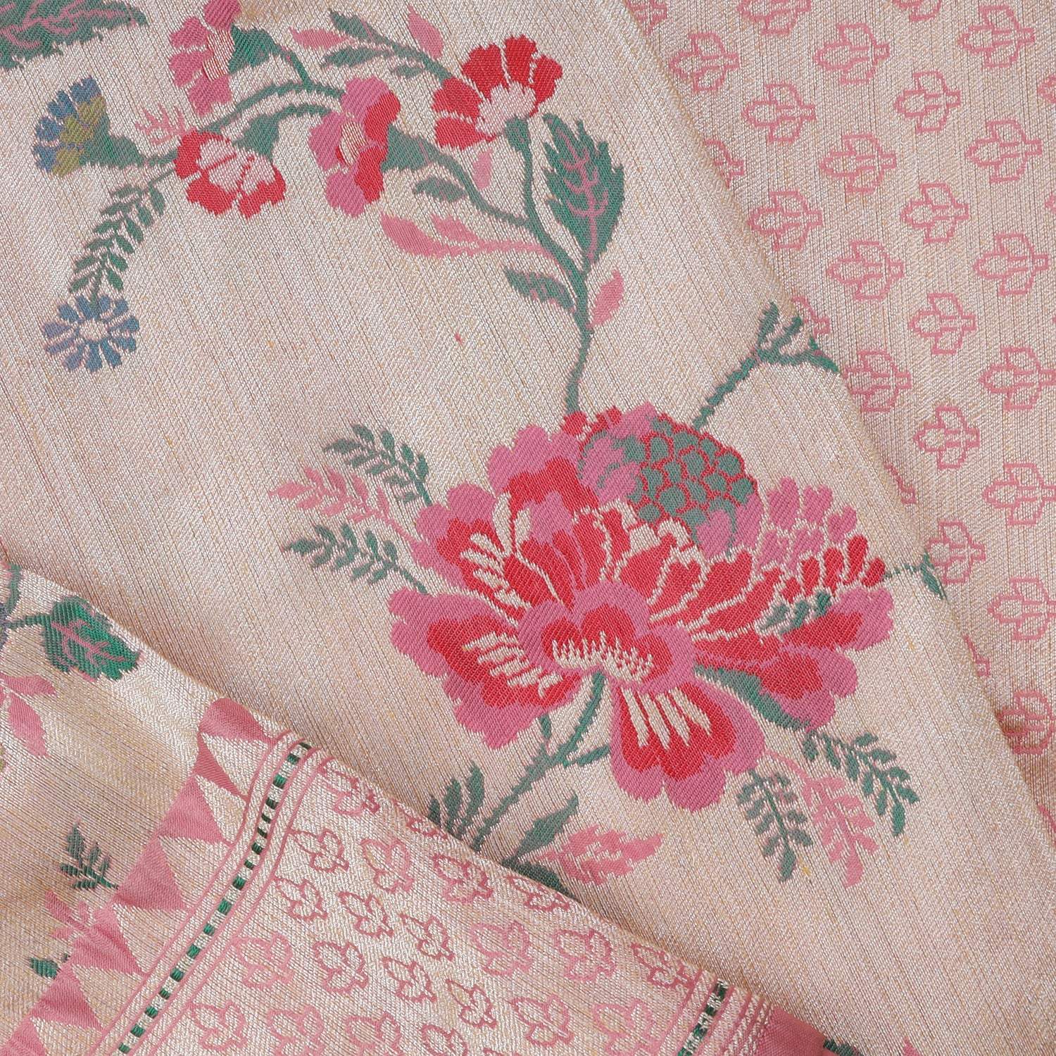 Peach Cream Tissue Banarasi Silk Saree With Floral Pattern - Singhania's