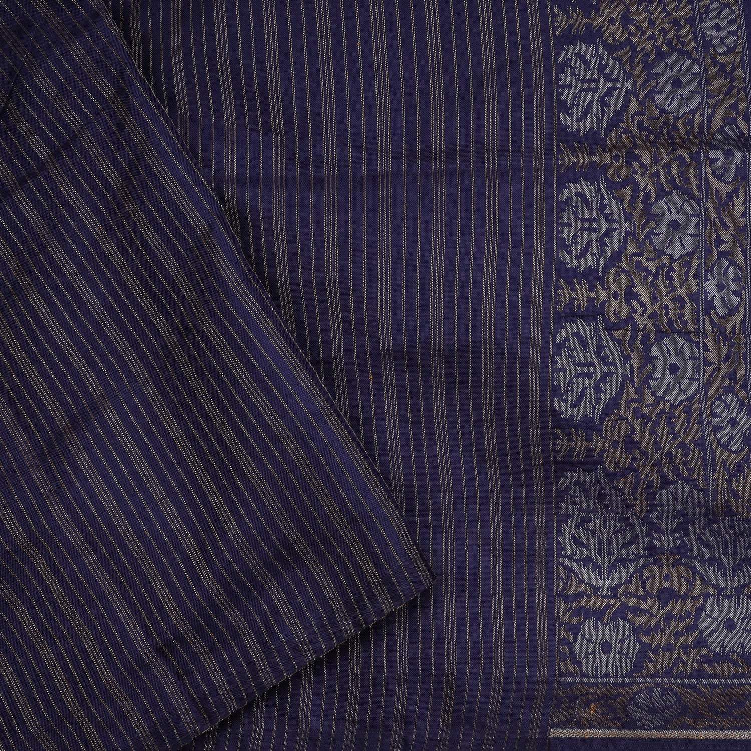 Dark Blue Banarasi Silk Saree With Floral Pattern - Singhania's