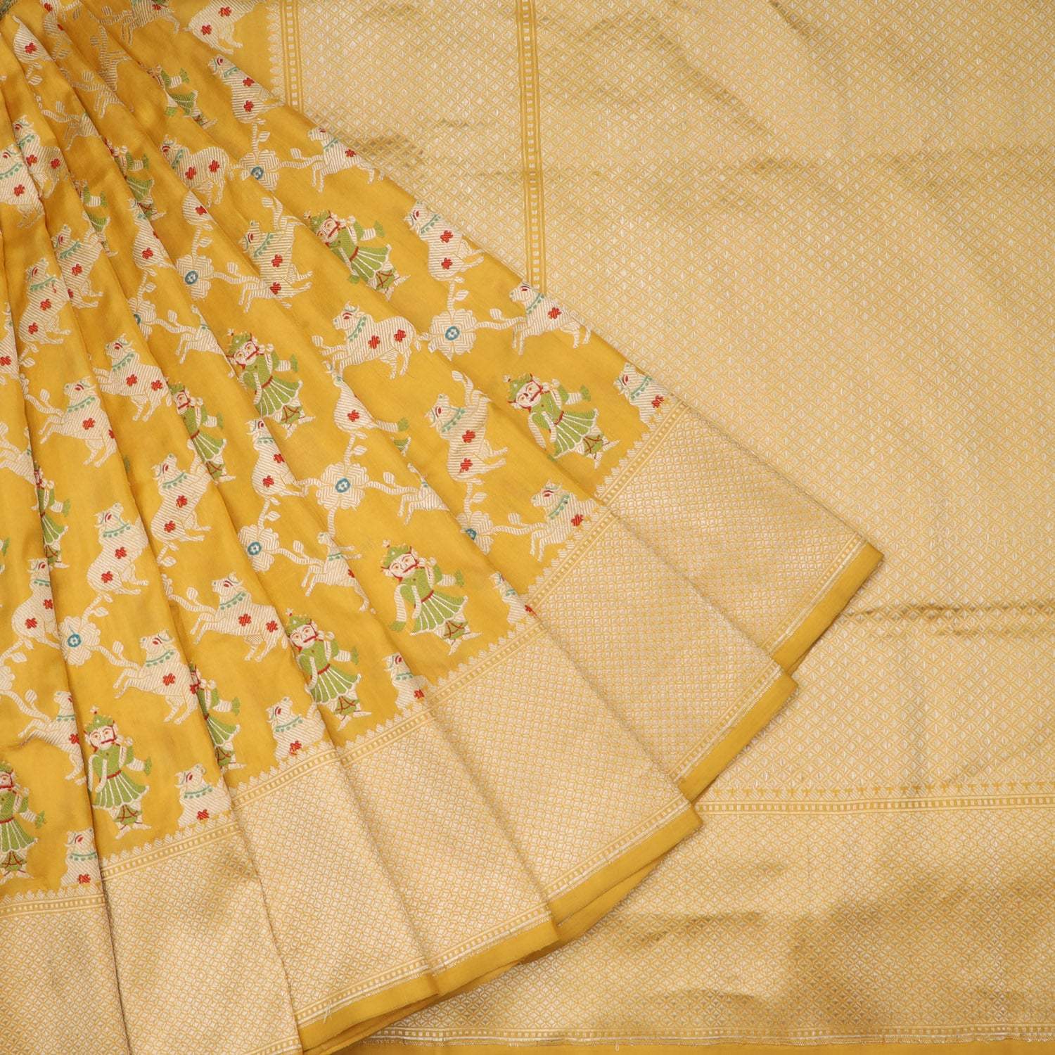 Mustard Yellow Banarasi Silk Saree With Animal And Floral Pattern - Singhania's