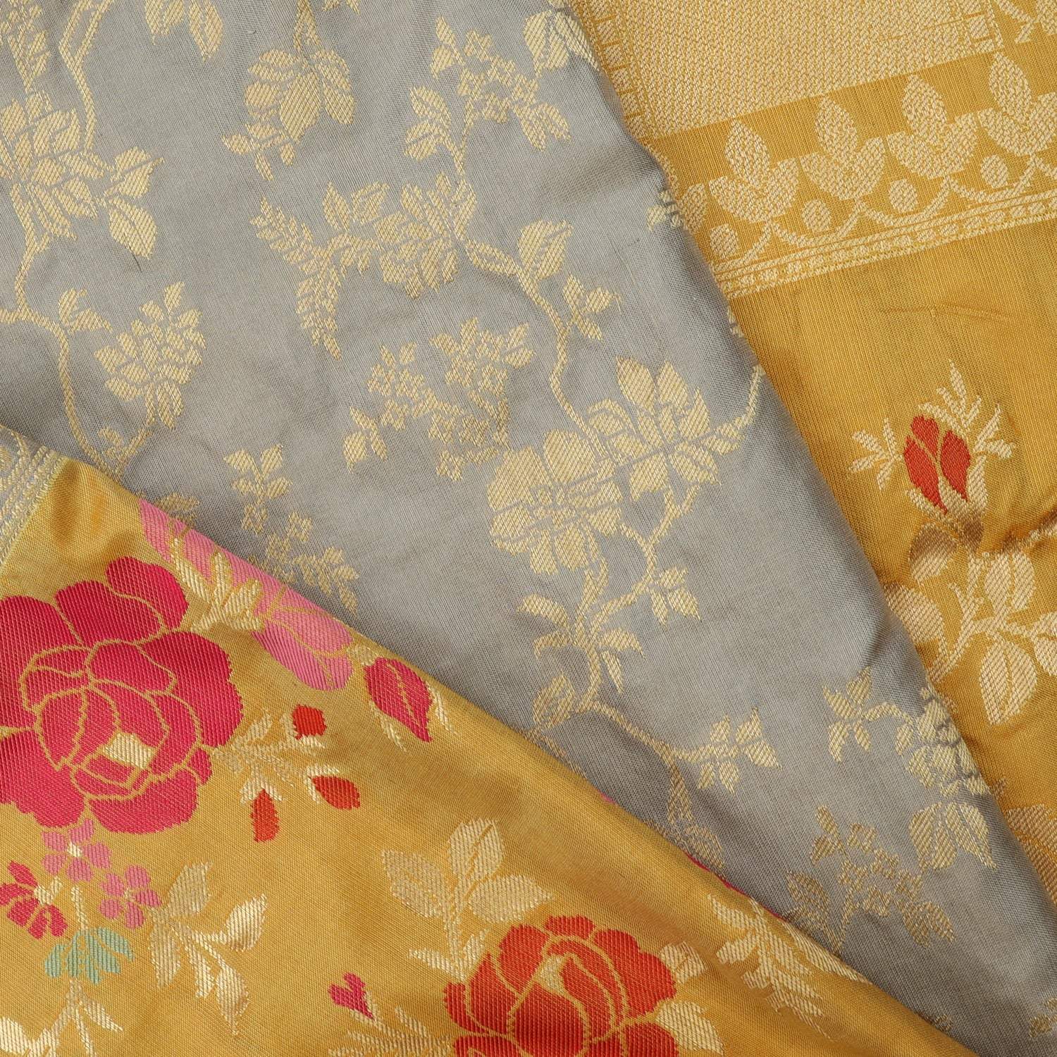 Light Grey Banarasi Silk Saree With Floral Motif Pattern - Singhania's
