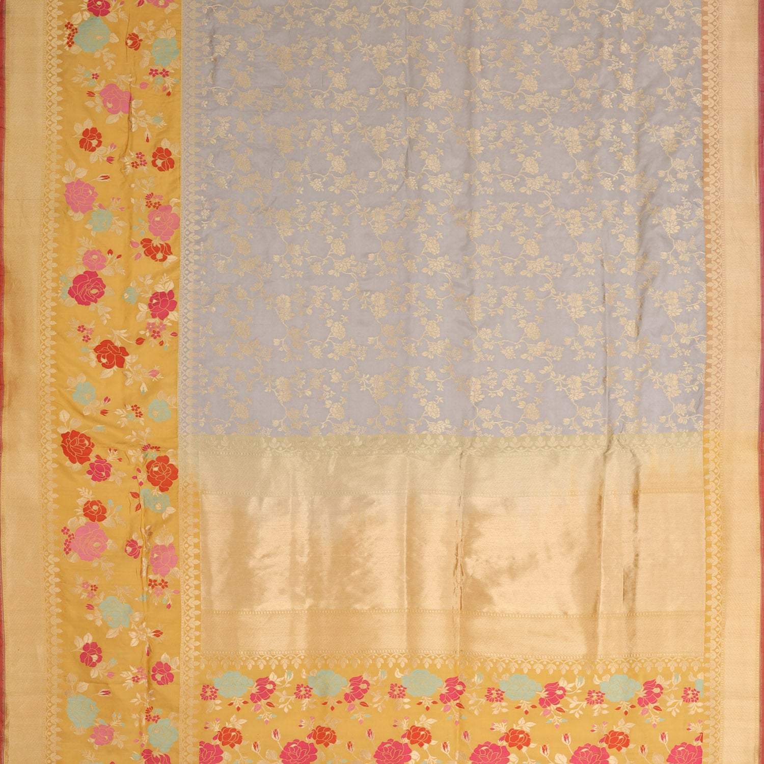 Light Grey Banarasi Silk Saree With Floral Motif Pattern - Singhania's