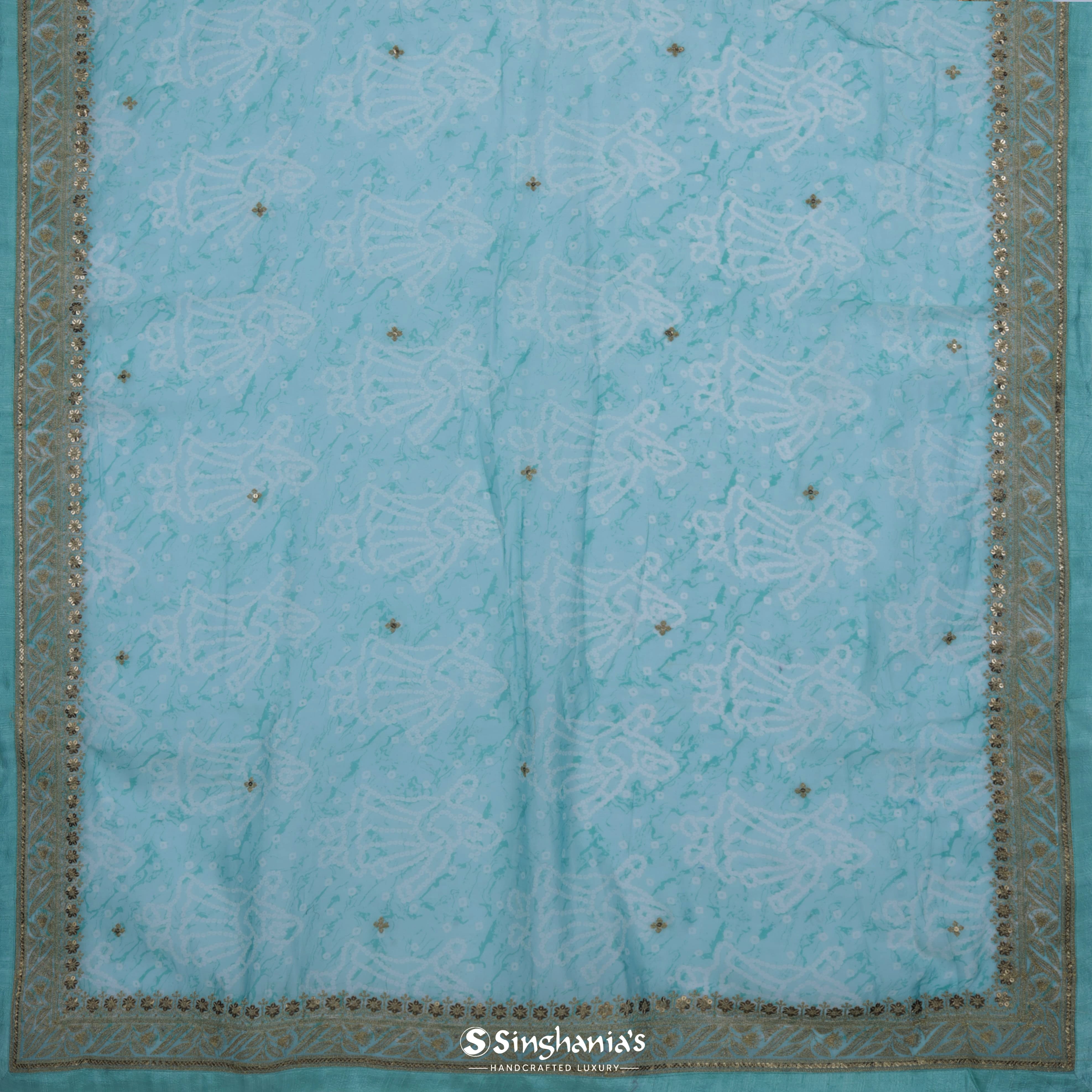 Pale Turquoise Chanderi Bandhani Silk Saree With Floral Pattern