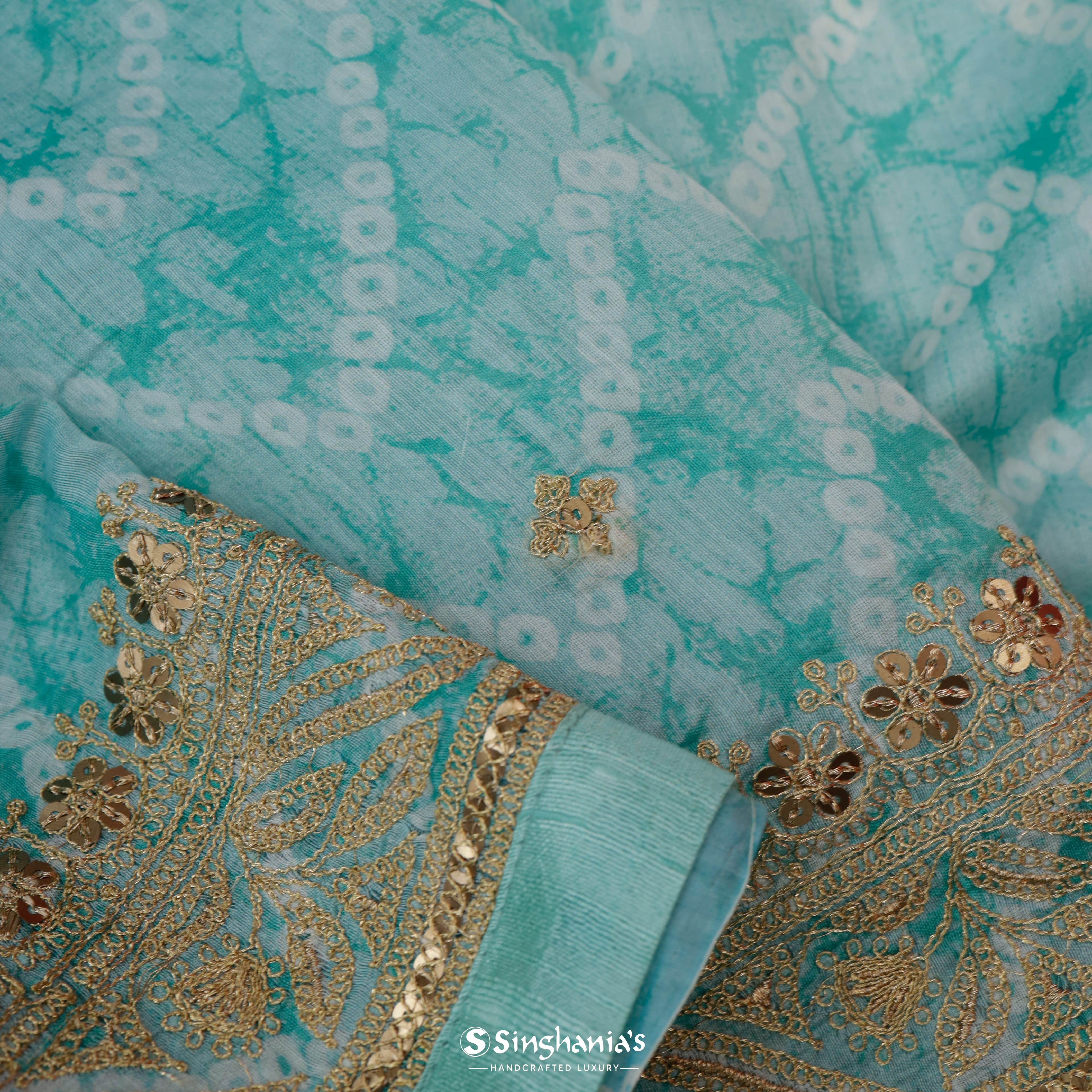 Celeste Blue Chanderi Bandhani Silk Saree With Floral Pattern