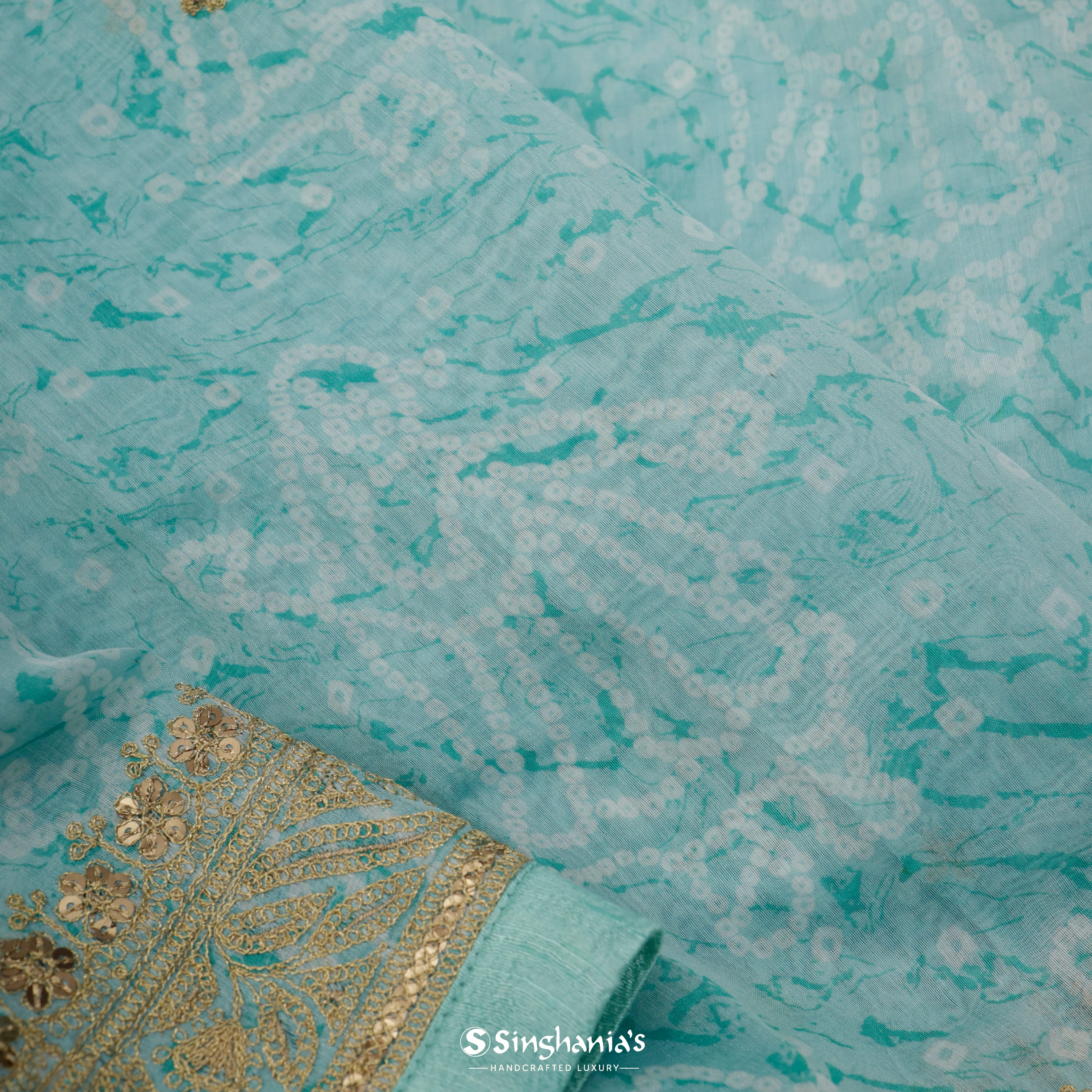 Light Turquoise Chanderi Bandhani Silk Saree With Floral Pattern