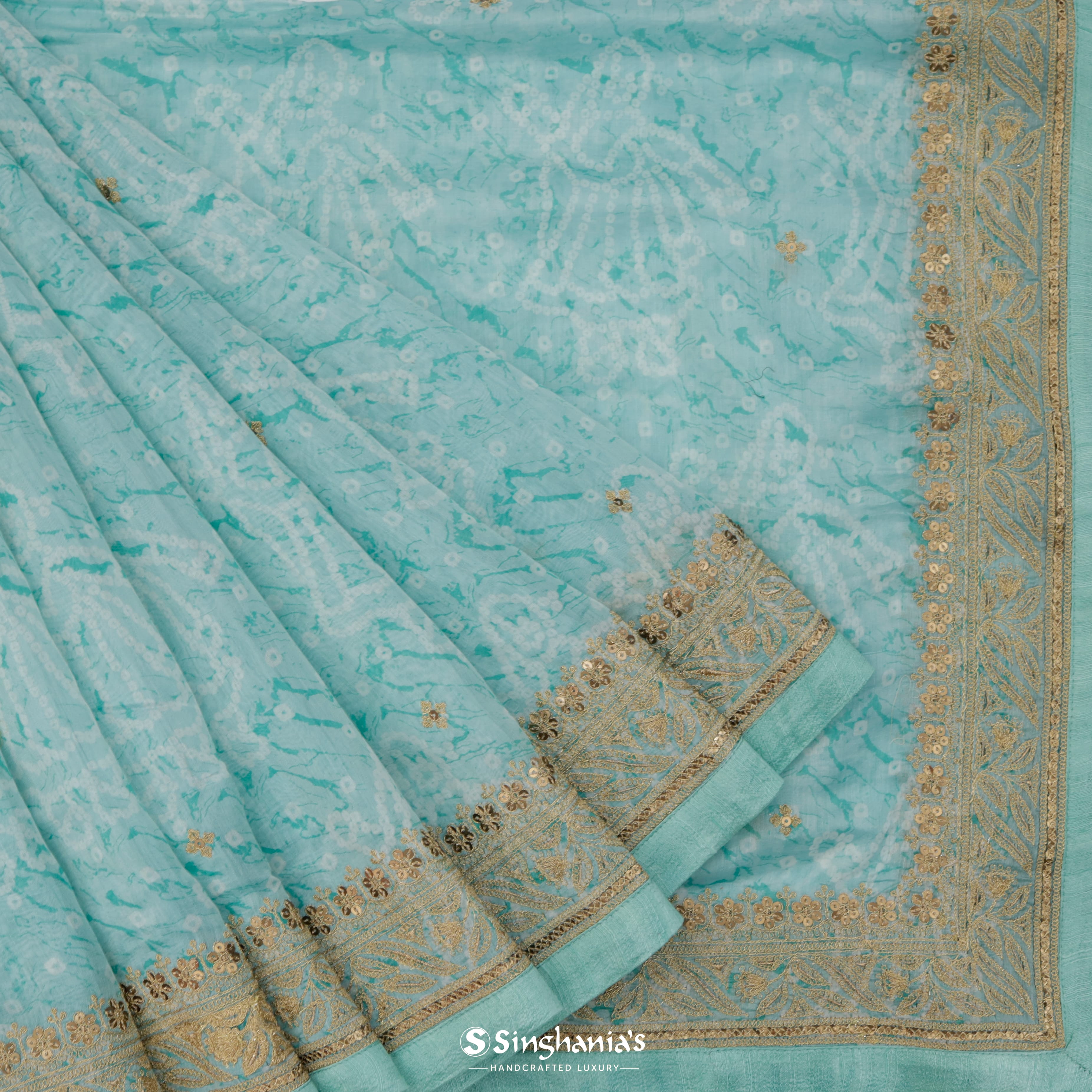 Light Turquoise Chanderi Bandhani Silk Saree With Floral Pattern