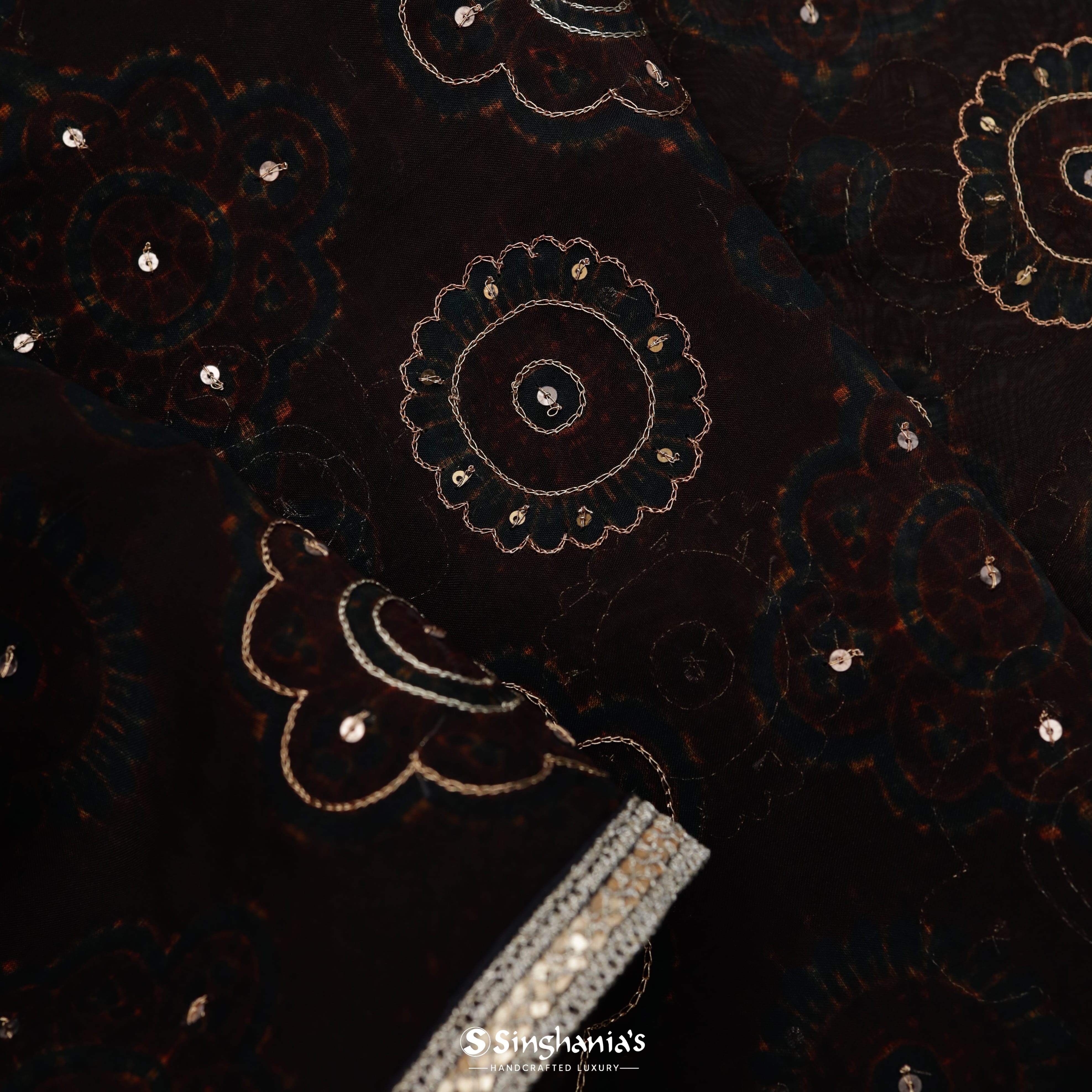 Deep Brown Organza Embroidery Saree With Floral Motif Pattern