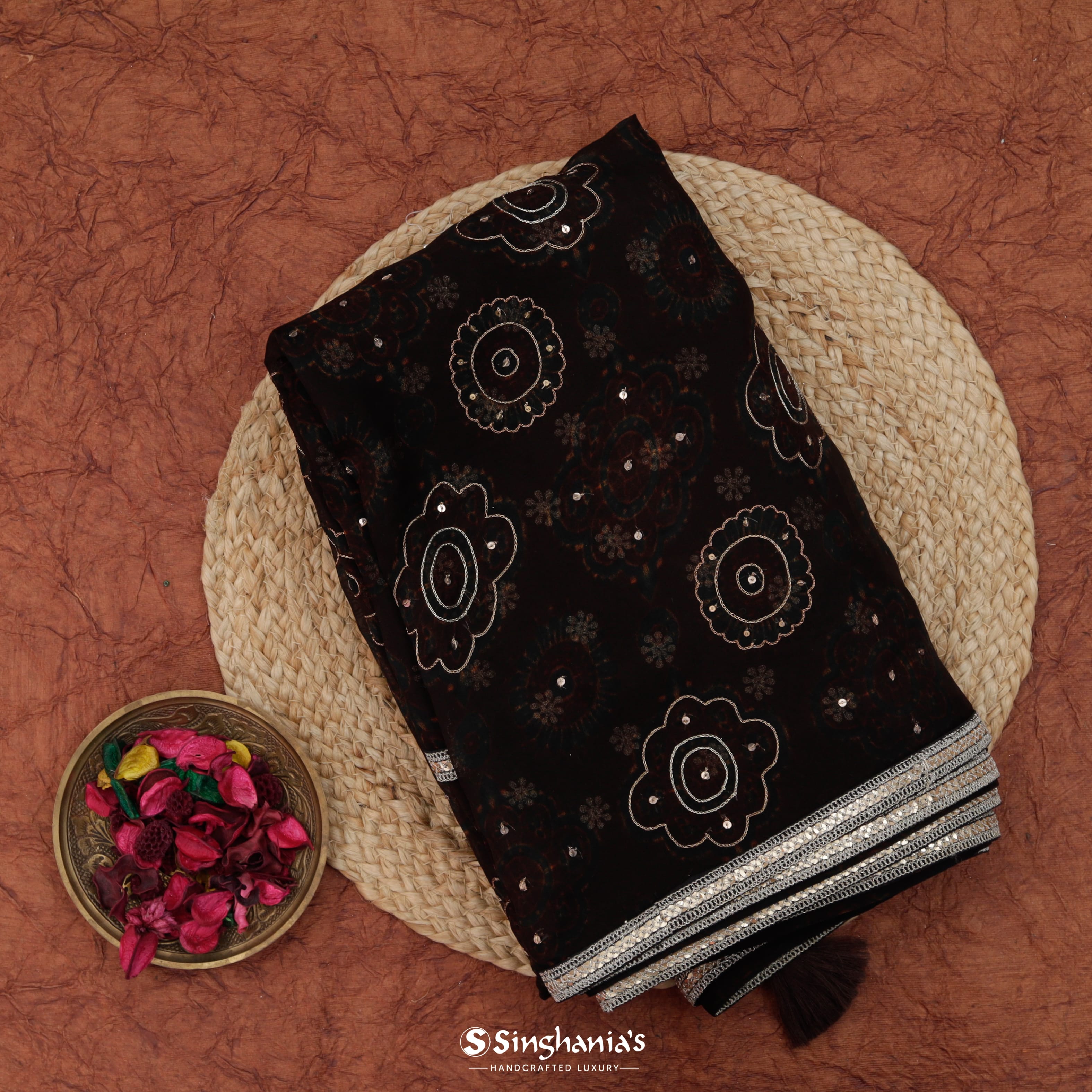 Deep Brown Organza Embroidery Saree With Floral Motif Pattern