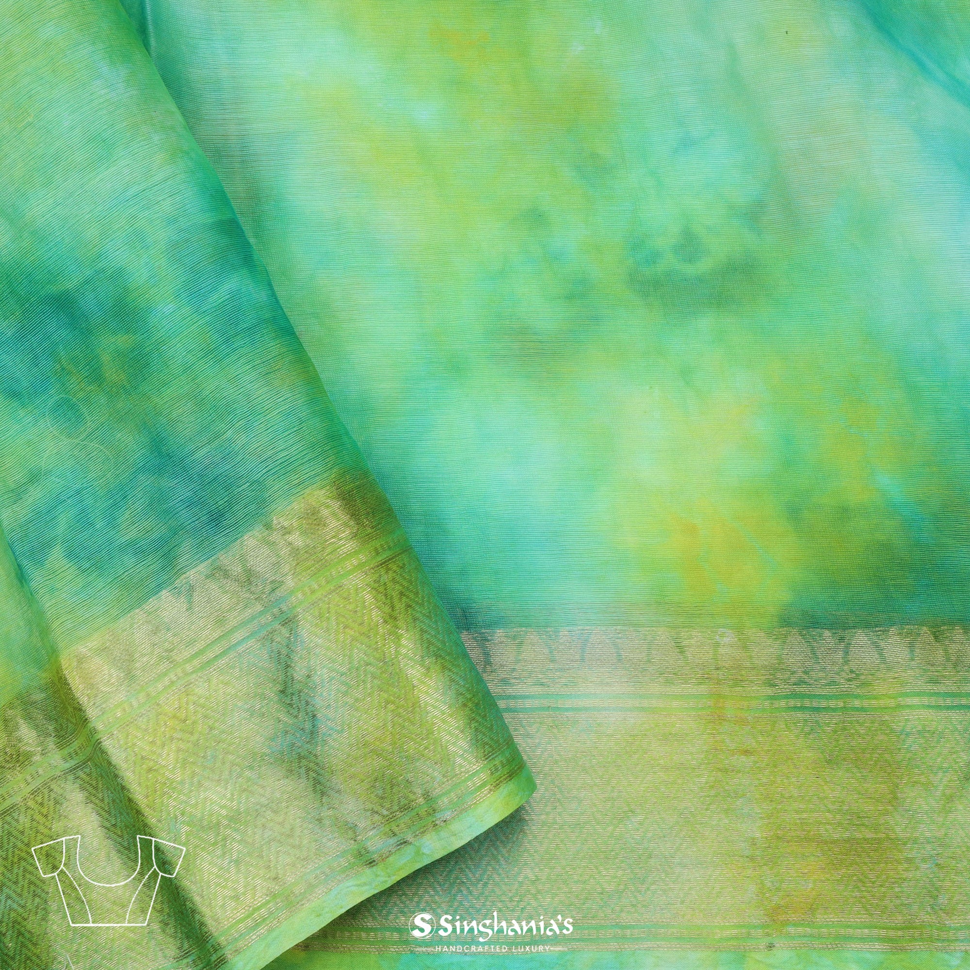 Blue Green Printed Maheshwari Silk Saree With Sequin Embroidery