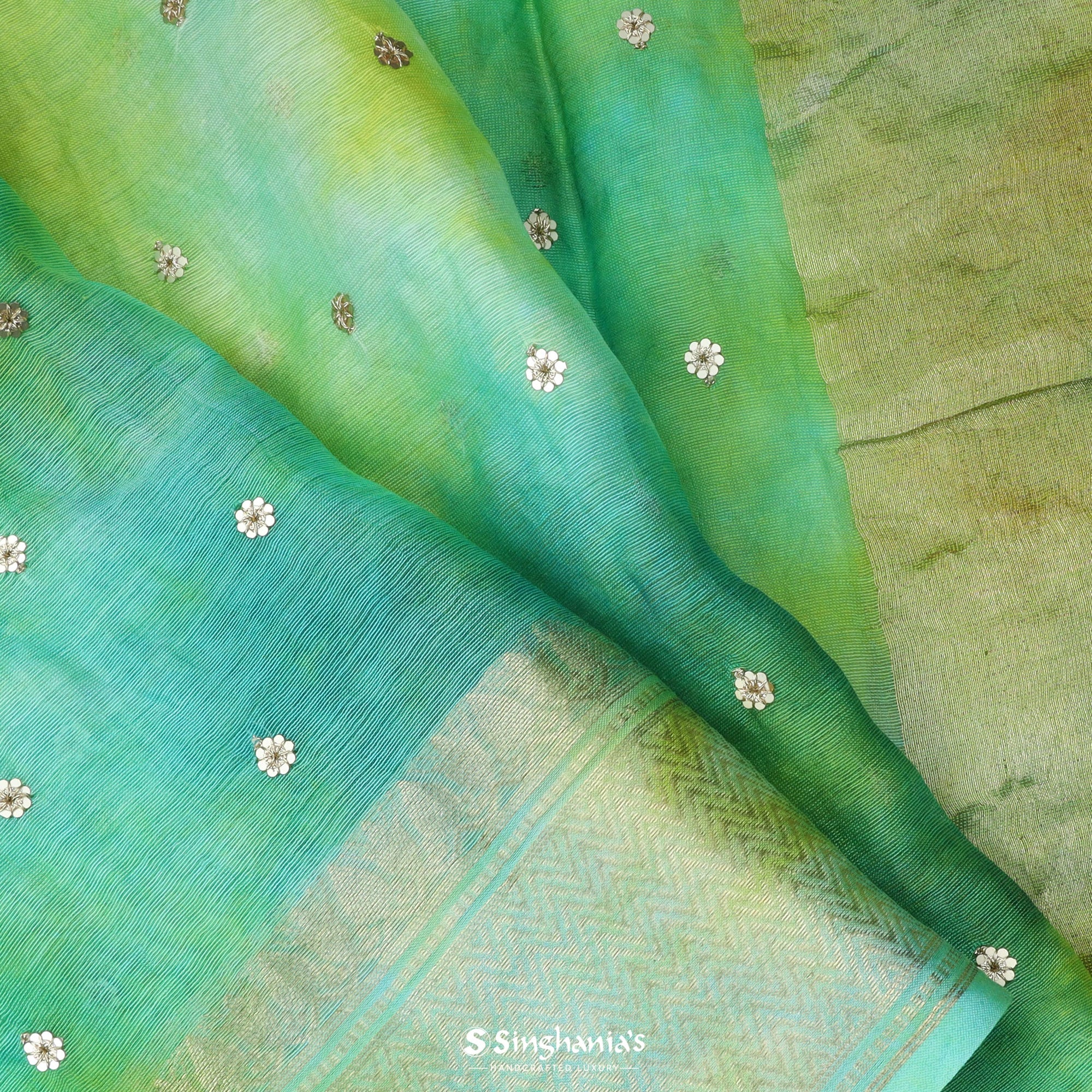Blue Green Printed Maheshwari Silk Saree With Sequin Embroidery