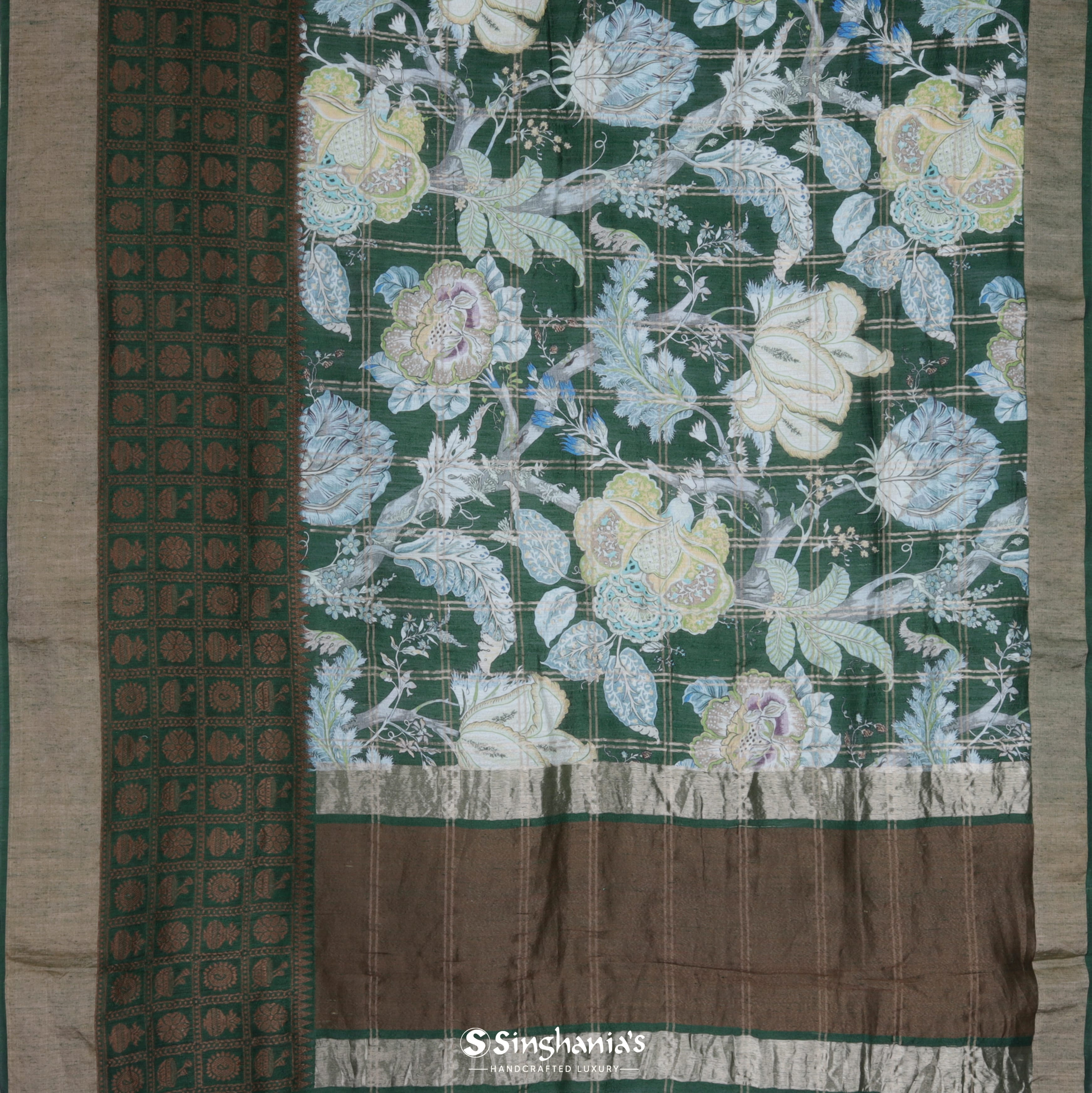 Bottle Green Matka Printed Saree With Floral Motif Pattern