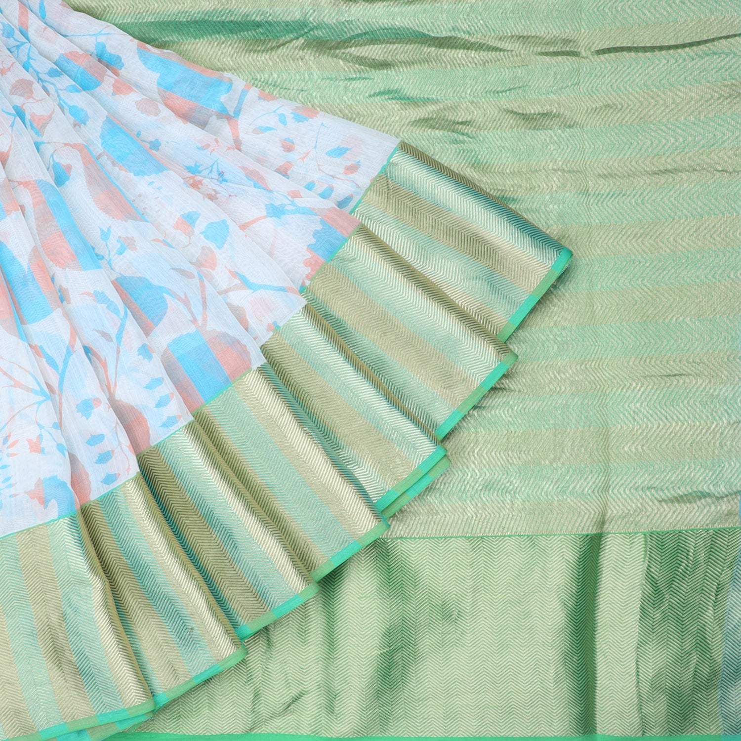 White Chanderi Saree With Printed Floral And Bird Motifs - Singhania's