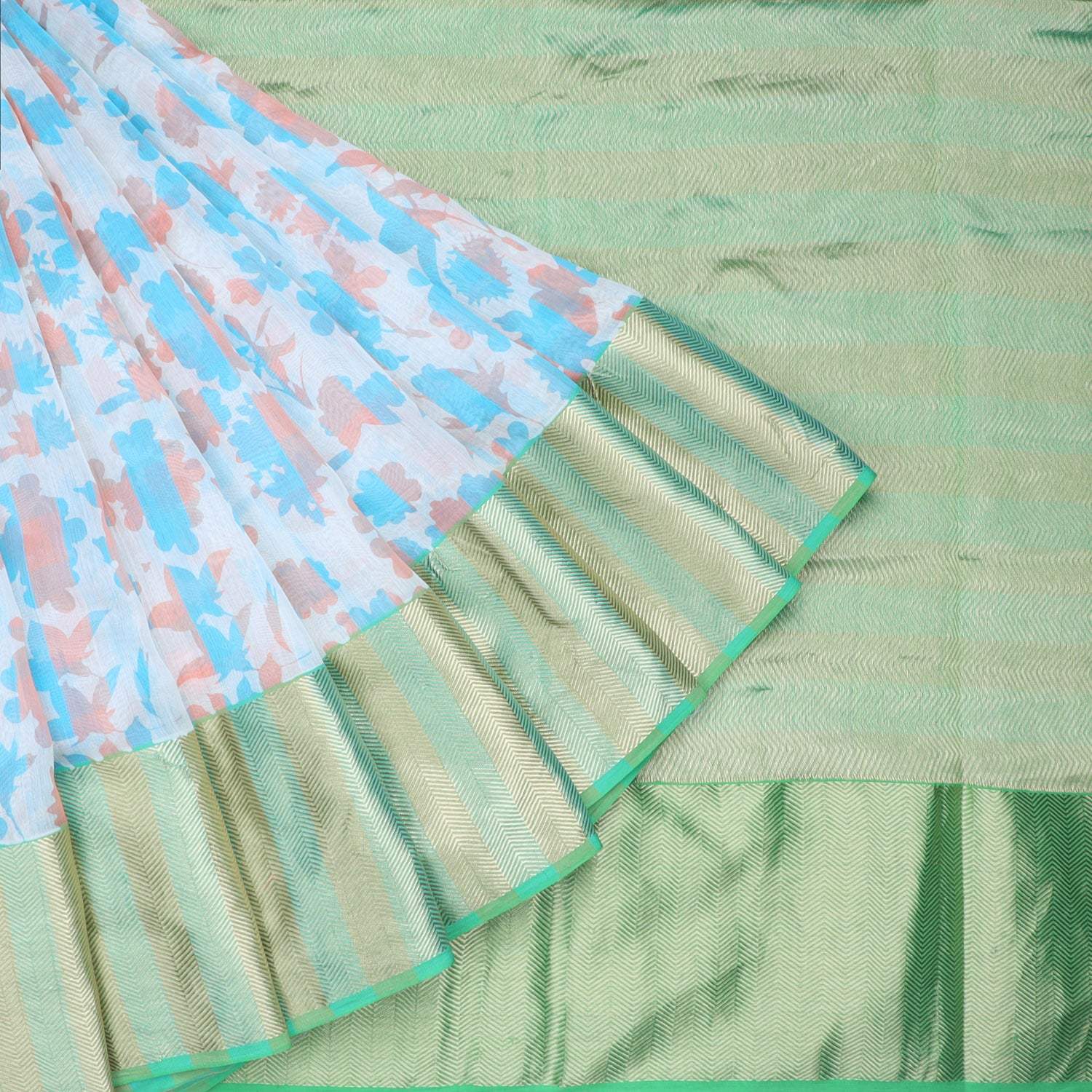 Cloud White Chanderi Saree With Printed Floral Motifs - Singhania's