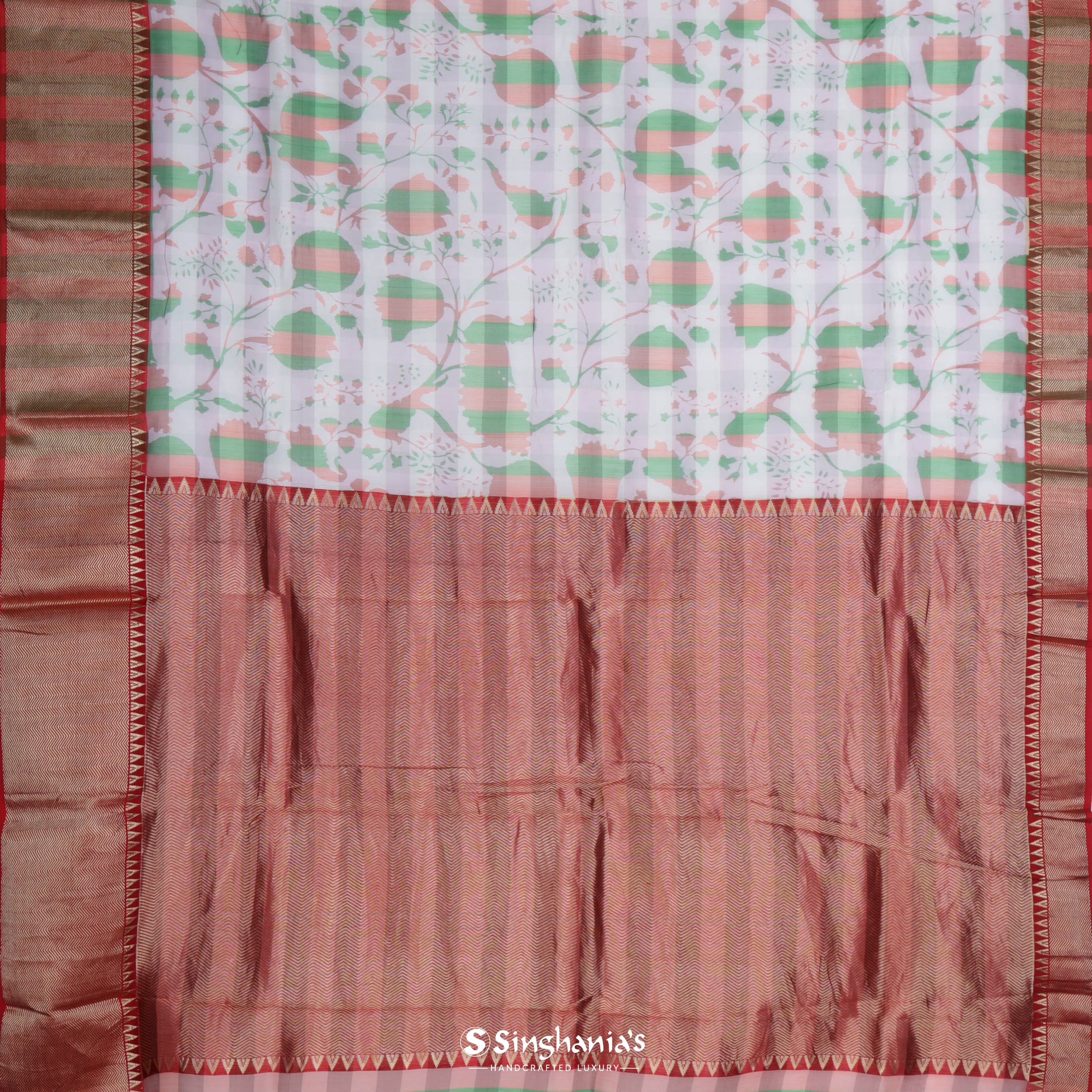 Powder White Chanderi Printed Saree With Floral Pattern