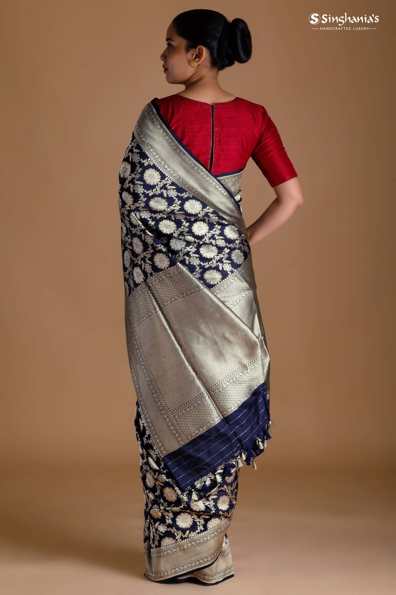 Dark Blue Banarasi Silk Handloom Saree With Floral Jaal Design