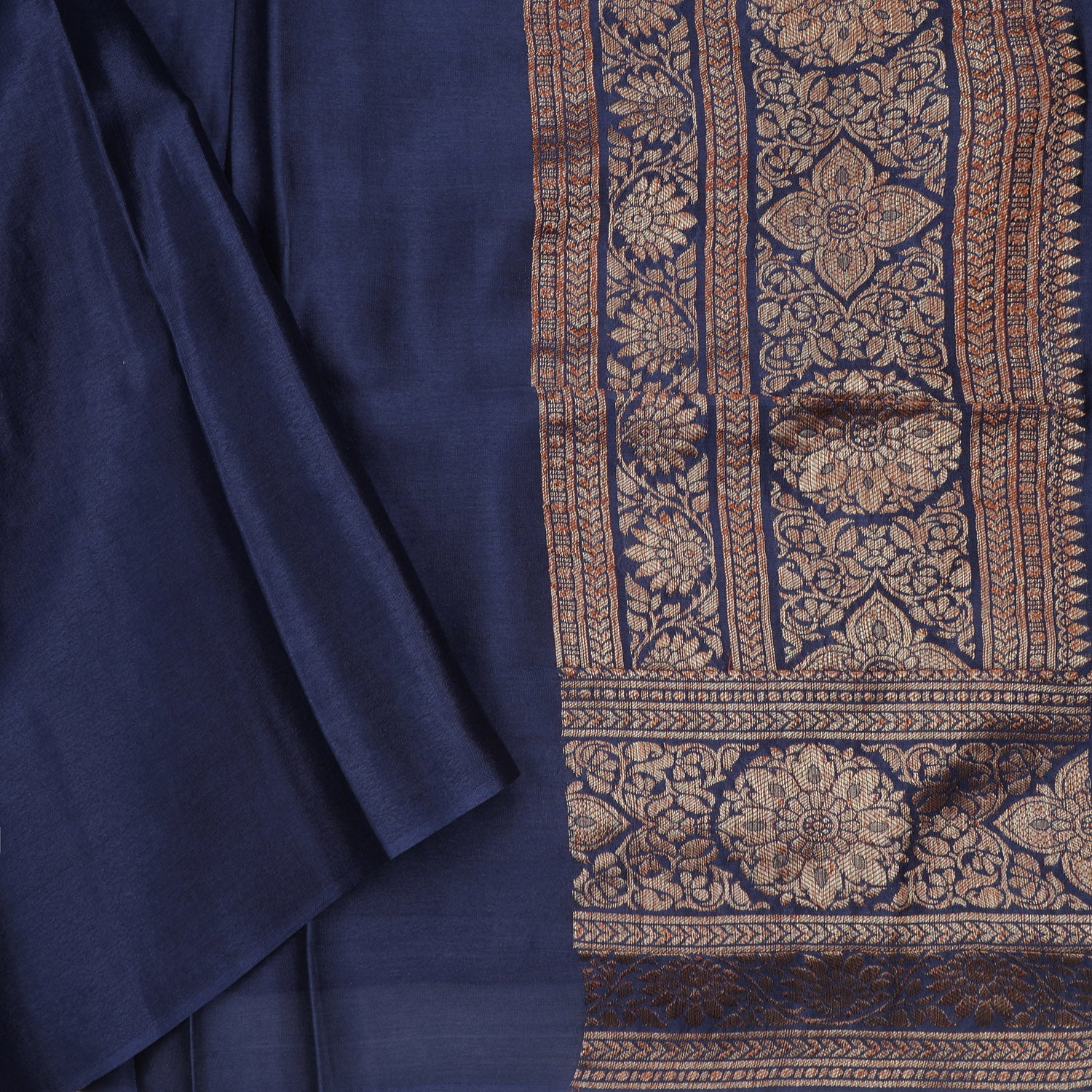 Navy Blue Banarasi Silk Saree With Floral Pattern - Singhania's