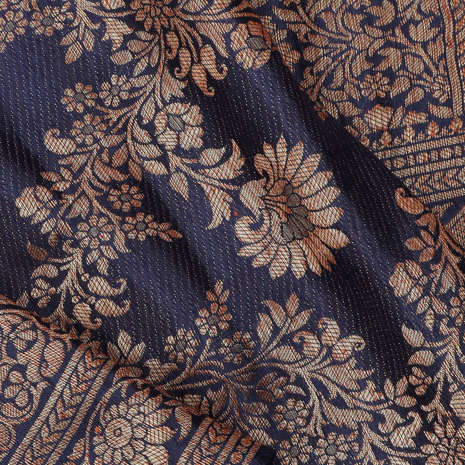 Navy Blue Banarasi Silk Saree With Floral Pattern - Singhania's