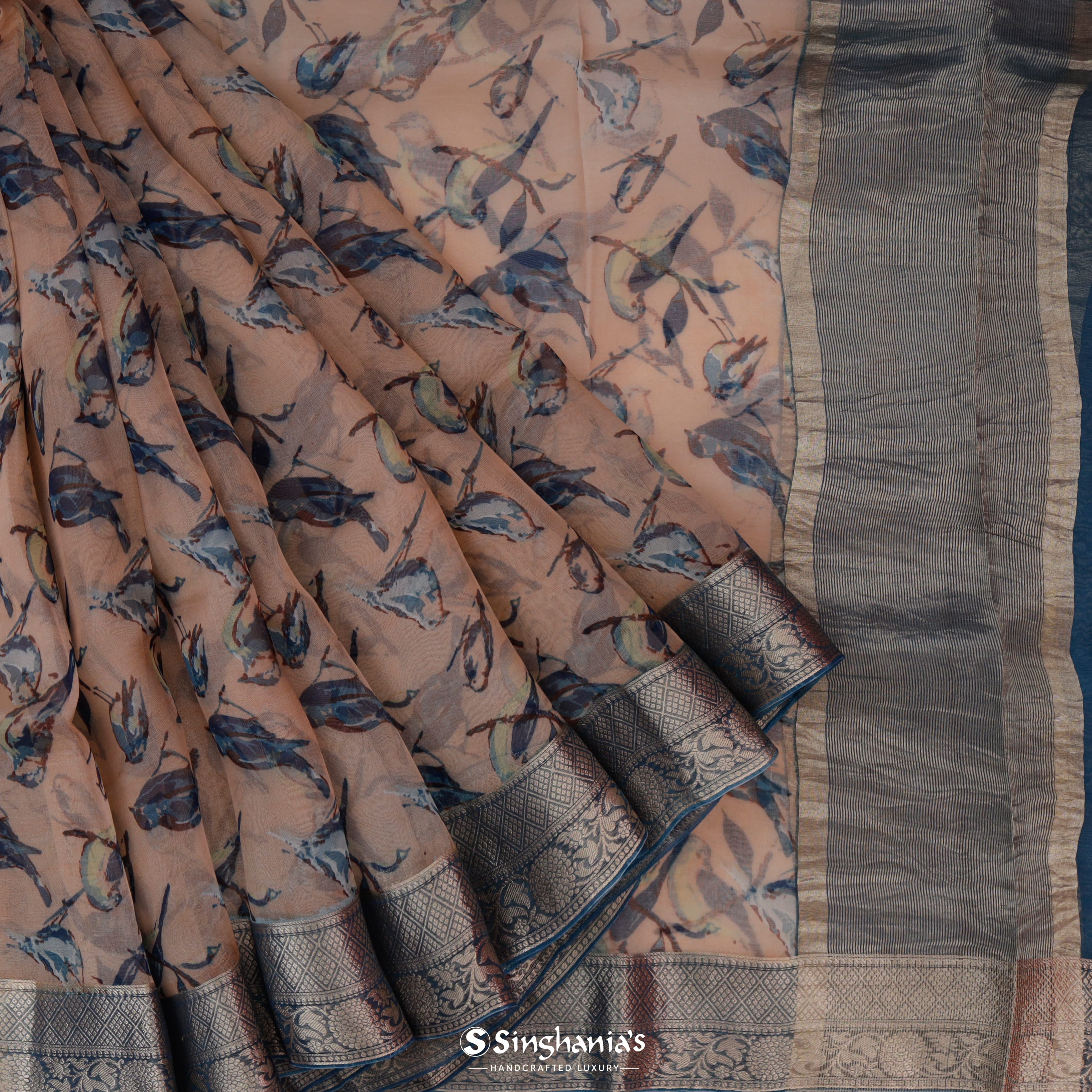 Pastel Pink Organza Printed Saree With Nature Inspired Birds Motifs