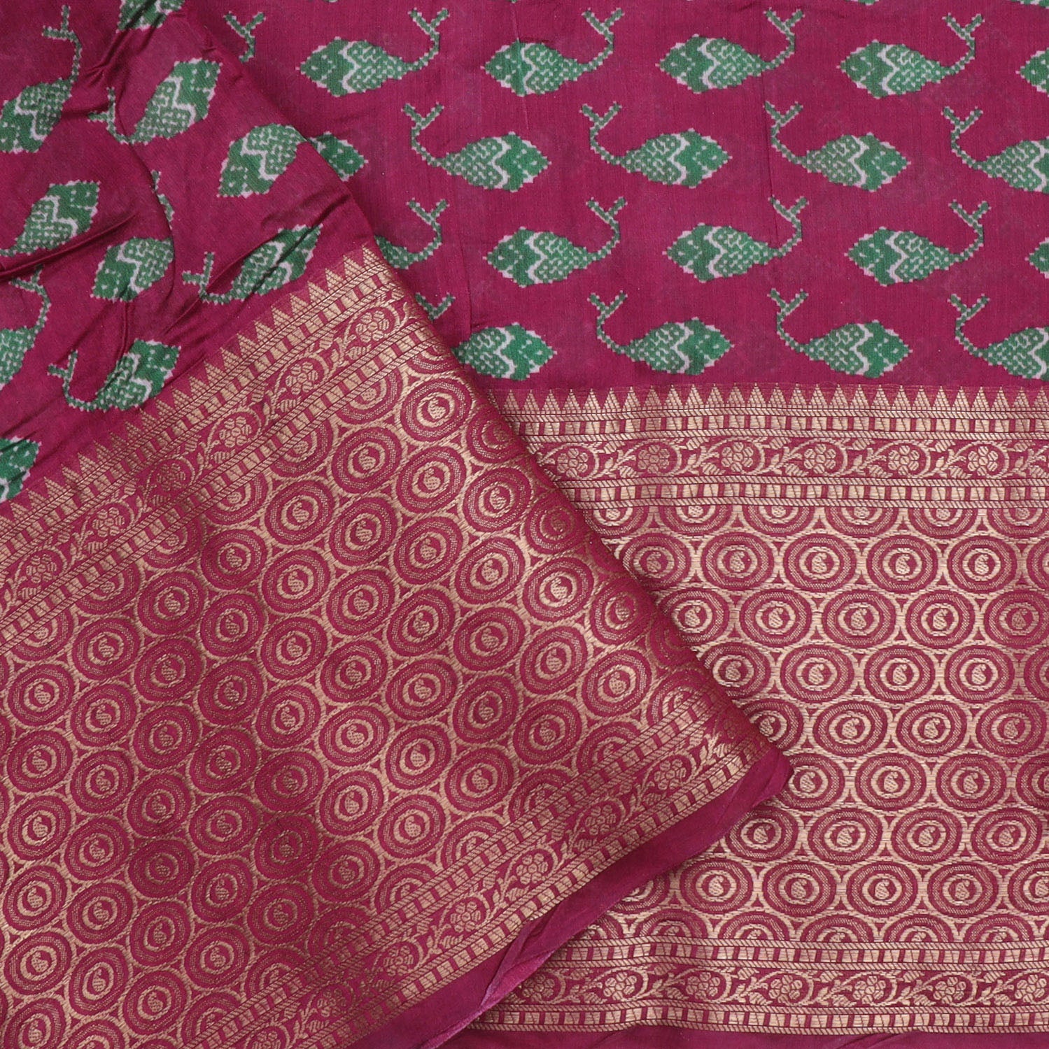 Dark Green Cotton Saree With Printed Ikat Pattern - Singhania's
