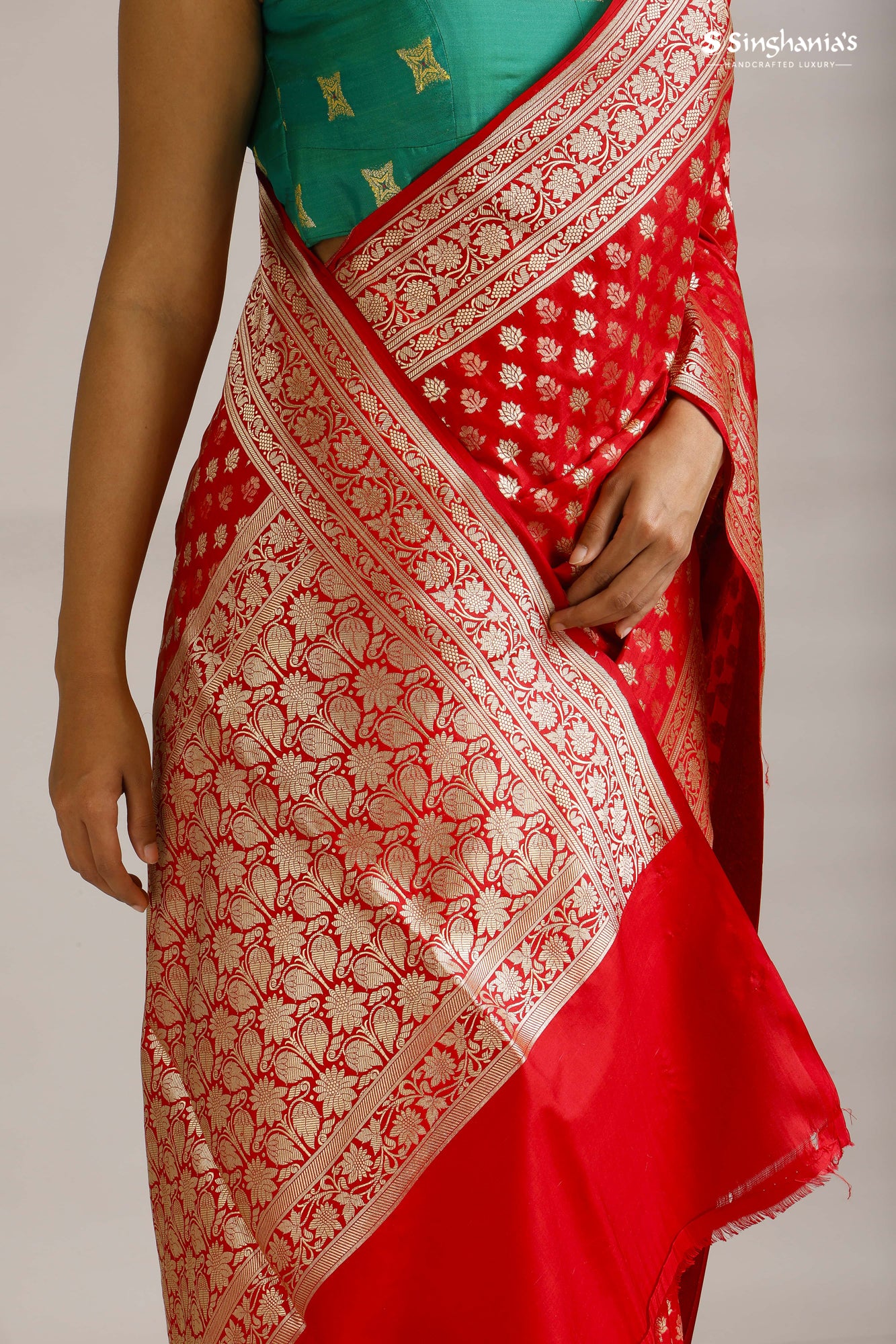 Vibrant Red Banarasi Silk Handloom Saree With Floral Buttis