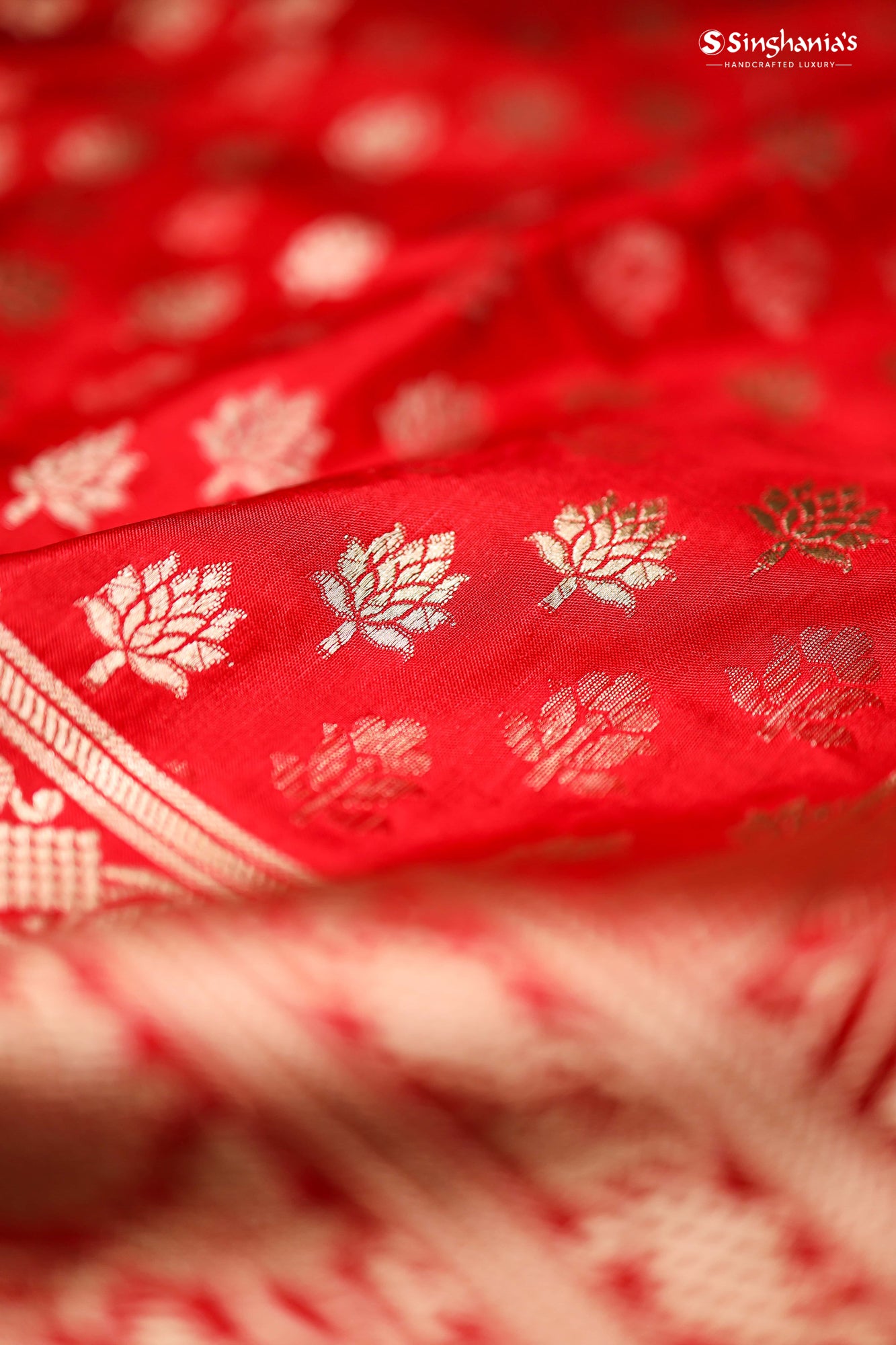 Vibrant Red Banarasi Silk Handloom Saree With Floral Buttis