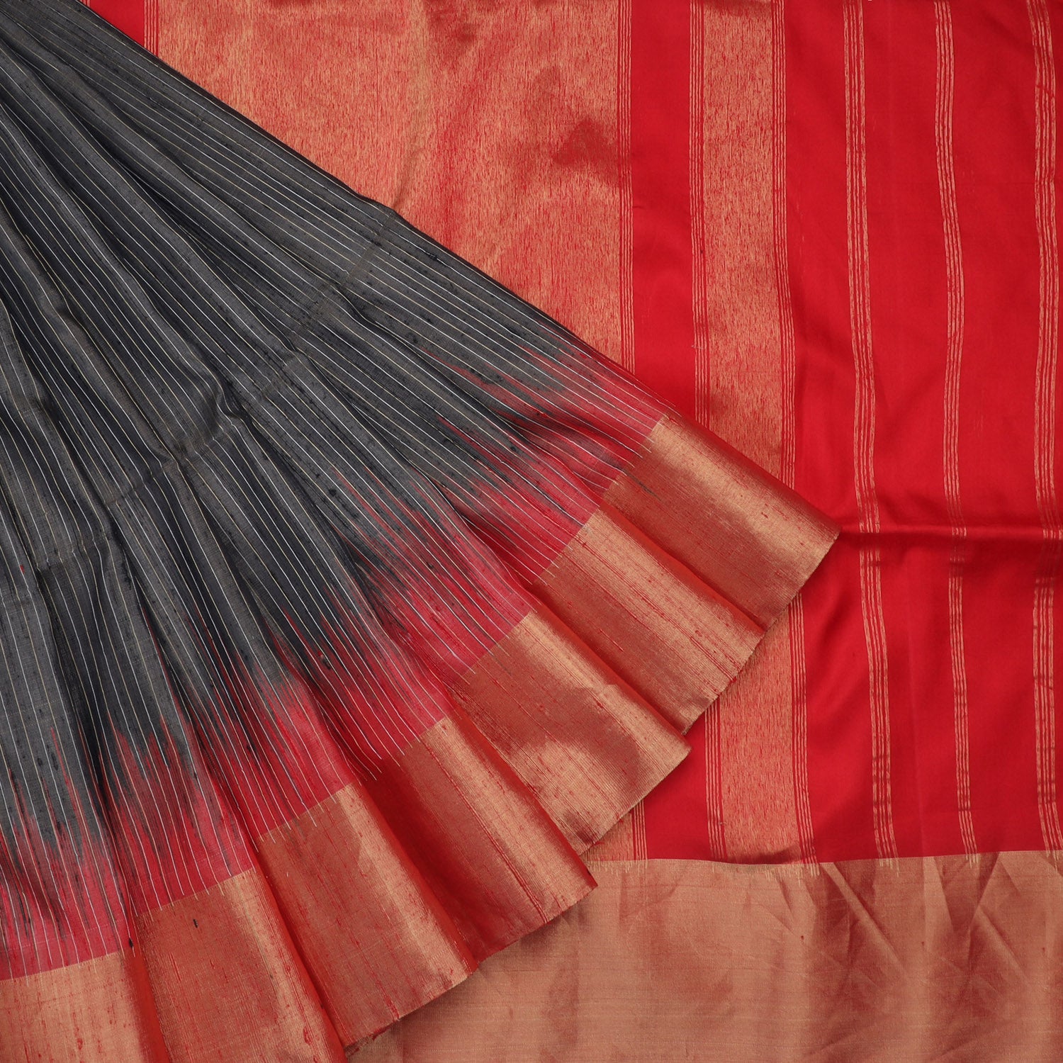 Grease Black Dupion Soft Silk Saree With Striped Pattern - Singhania's