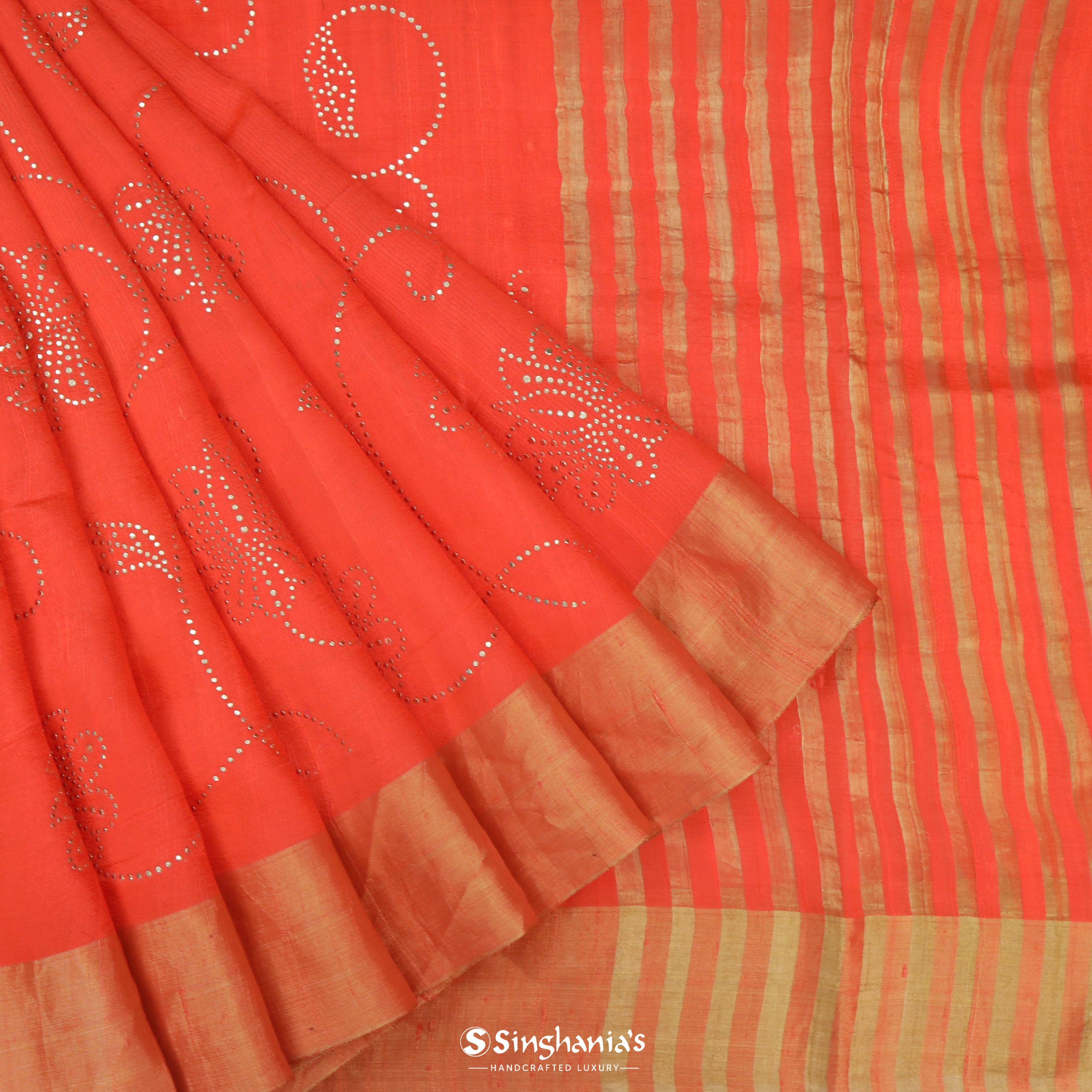 Apricot Orange Silk Printed Saree With Foil Print