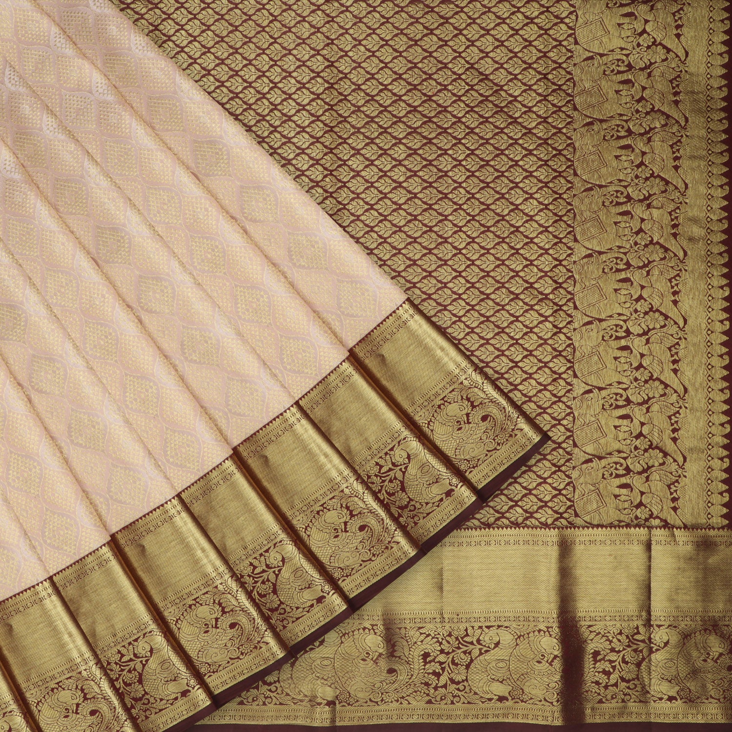Pale Pink Kanjivaram Silk Saree With Ogival Pattern - Singhania's