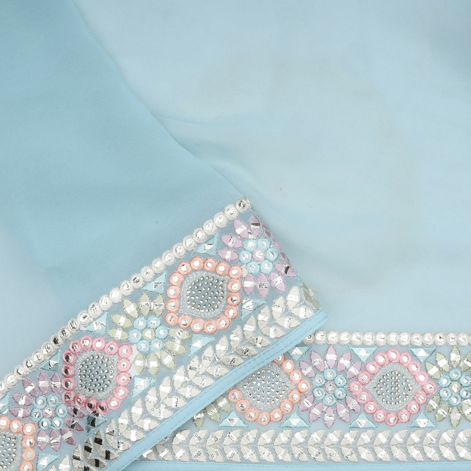 Pastel Blue Georgette Saree With Floral Embroidered Pattern - Singhania's