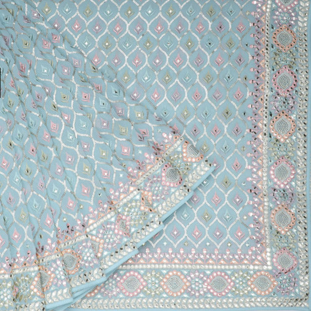 Pastel Blue Georgette Saree With Floral Embroidered Pattern - Singhania's