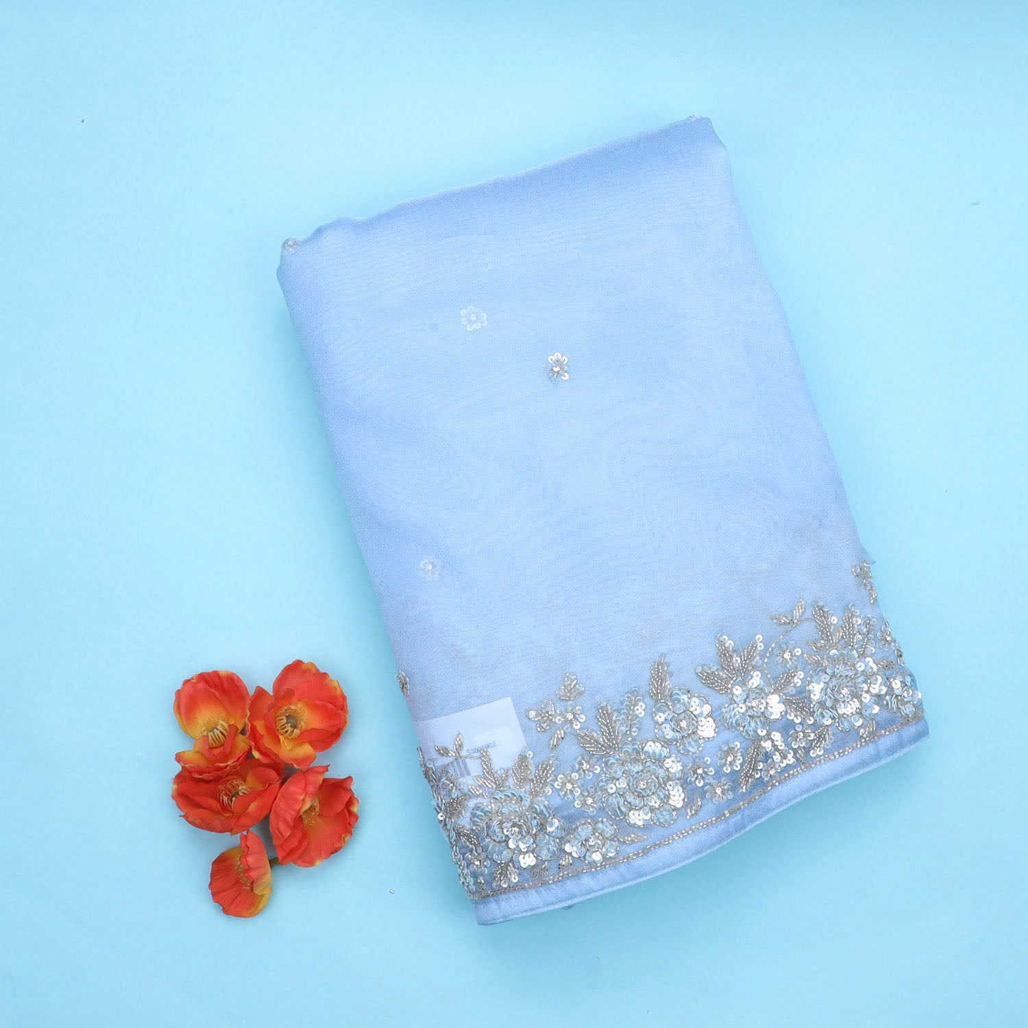 Pastel Blue Tissue Saree With Floral Embroidery - Singhania's