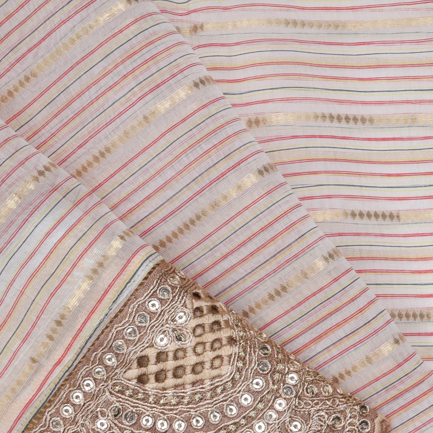 Solid Pale Pink Organza Saree With Striped Pattern - Singhania's