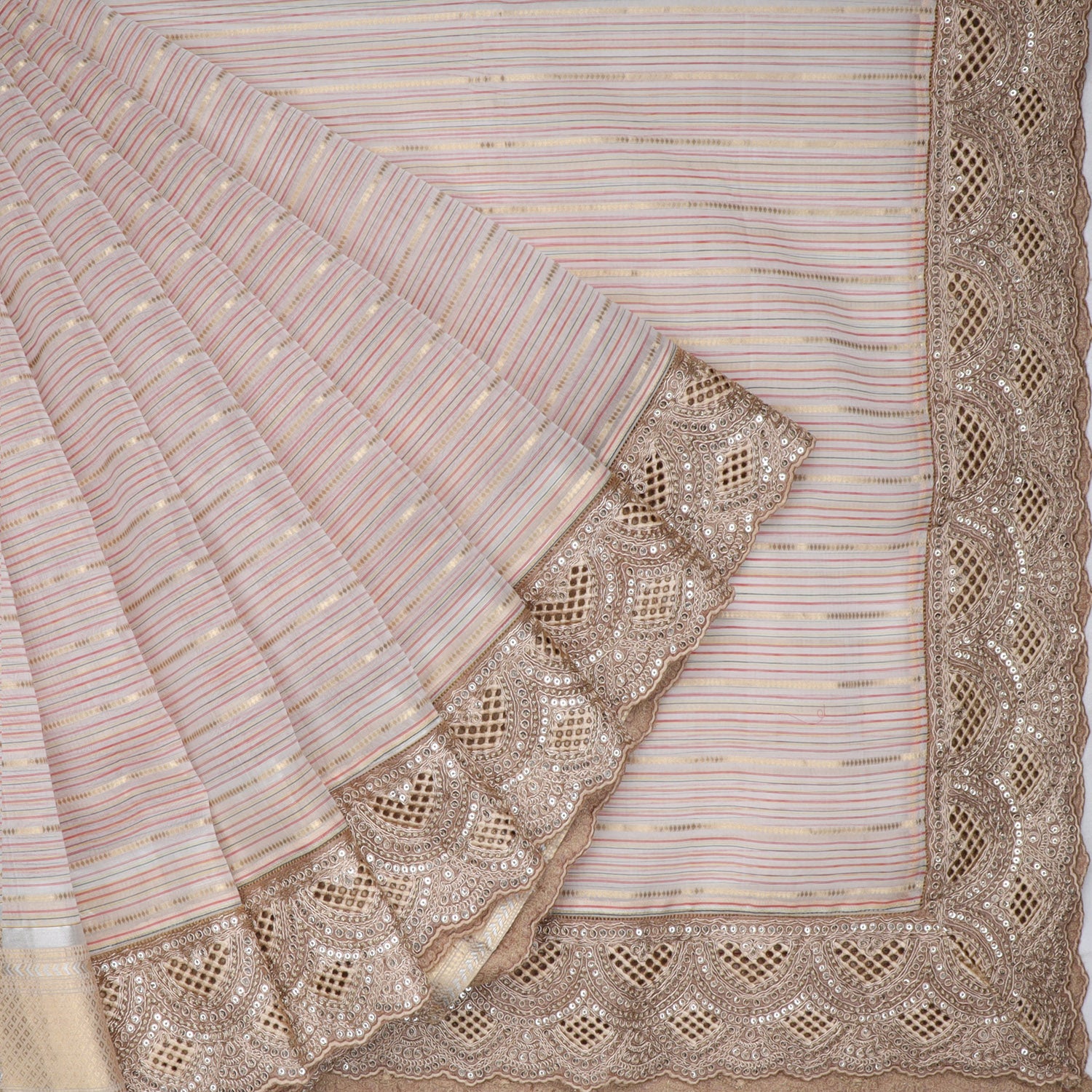 Solid Pale Pink Organza Saree With Striped Pattern - Singhania's