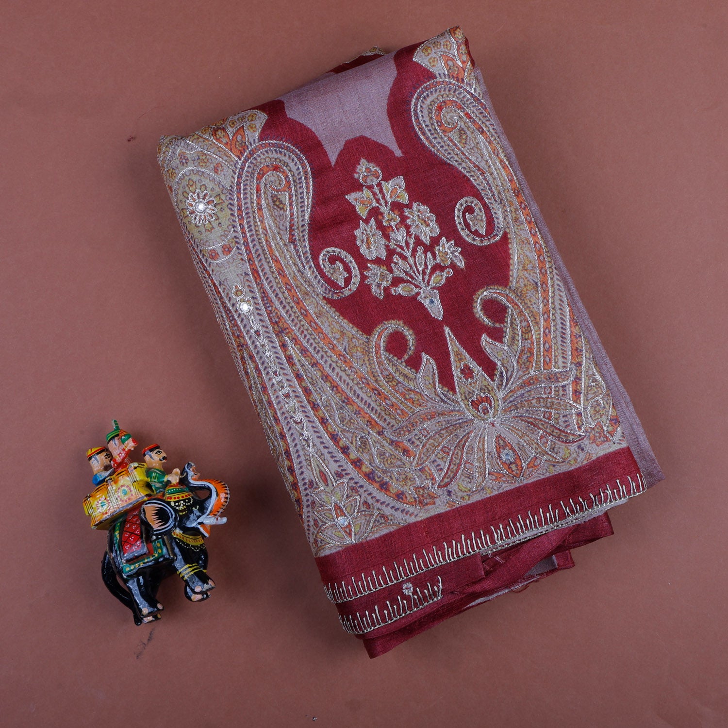 Dusky Pink Tussar Saree With Floral Printed Pattern And Hand Embroidery - Singhania's