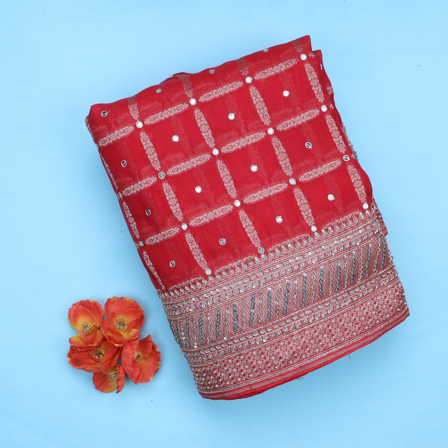 Red Organza Saree With Sequin Embroidery - Singhania's