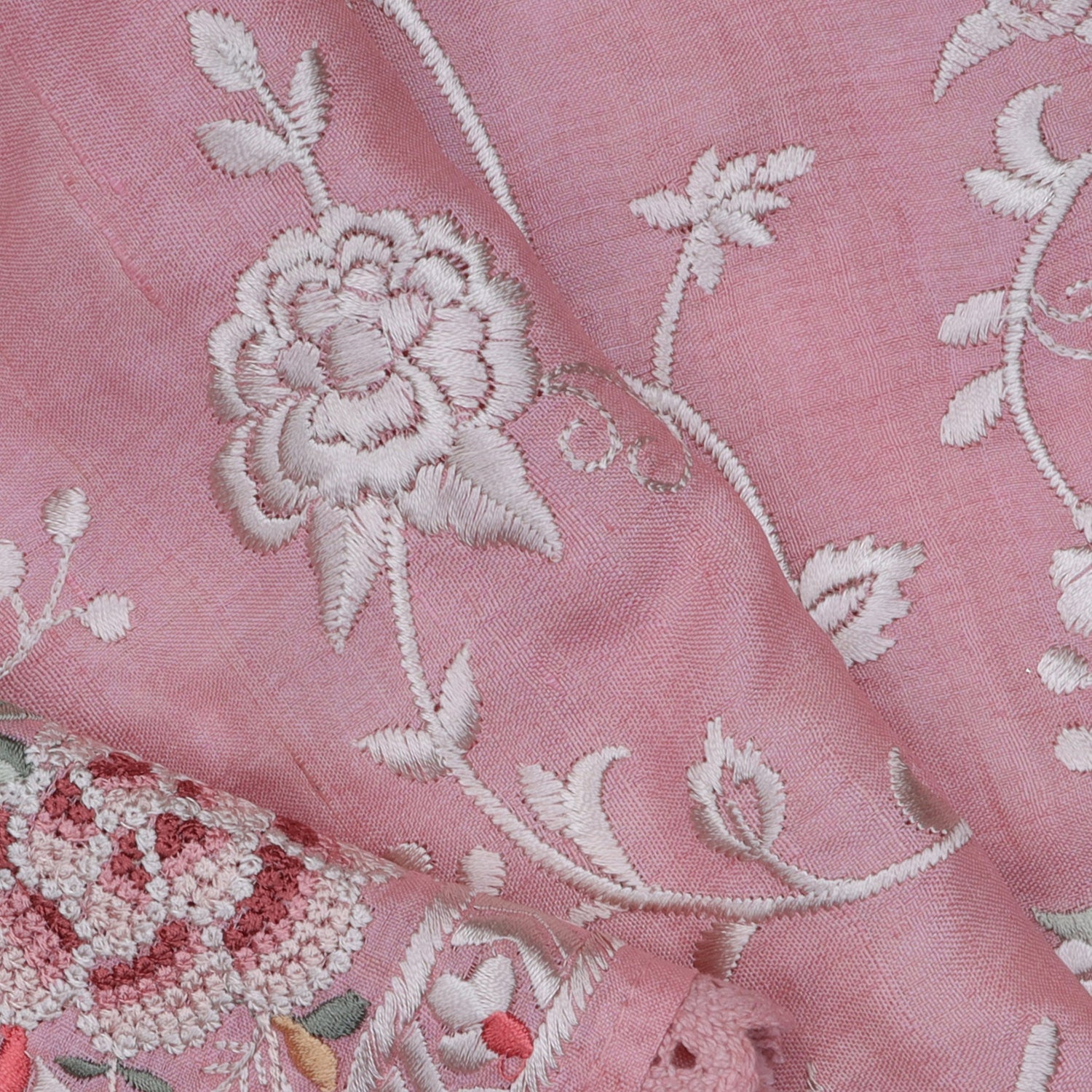 Pastel Pink Tussar Saree With Floral Embroidered Pattern - Singhania's