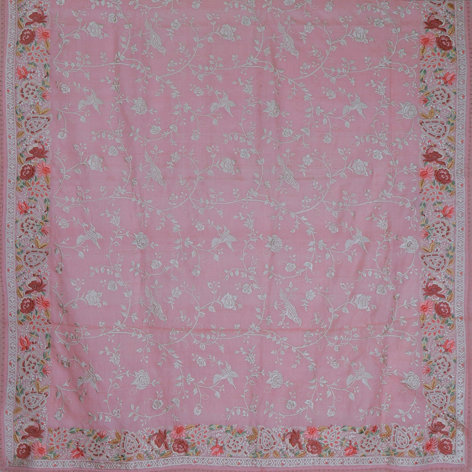 Pastel Pink Tussar Saree With Floral Embroidered Pattern - Singhania's